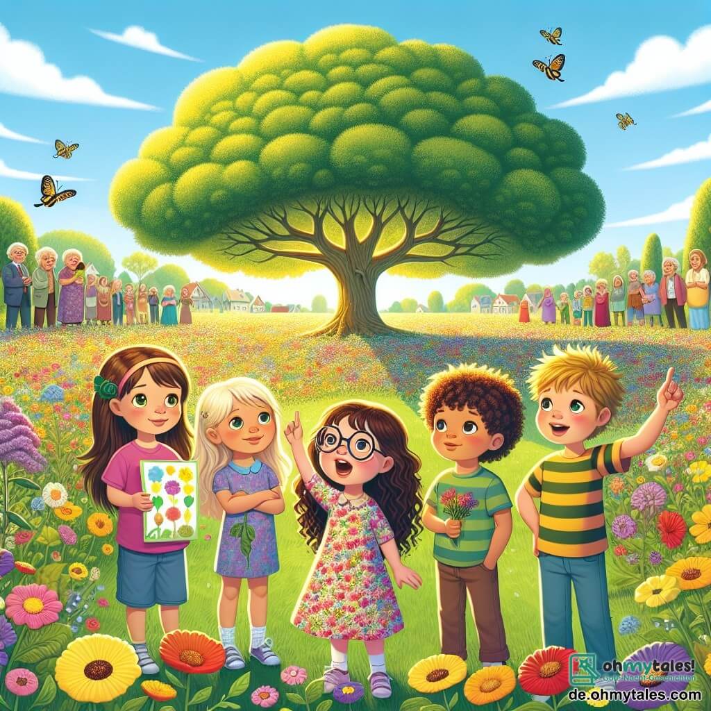 Illustration einer weiten, sonnigen, grünen Wiese, die mit bunten Blumen in lebhaften Gelb-, Rot- und Violetttönen übersät ist. Im Hintergrund steht ein majestätischer großer Baum, dessen ausladende Äste Schatten spenden. Im Zentrum des Bildes steht eine Gruppe von vier Kindern, die alle lächeln und an einer fröhlichen Aktivität beteiligt sind. Ein etwa 10-jähriges Mädchen mit langen braunen Haaren und runden Brillen hält ein buntes Schild mit der Aufschrift „Schützen wir unsere Erde!“. Neben ihr hebt ein 11-jähriger Junge mit zerzausten blonden Haaren begeistert einen Finger, als ob er eine brillante Idee teilt. Ein weiteres Mädchen, 9 Jahre alt, mit lockigem Haar und einem Blumenkleid, verteilt Samenpäckchen an die umstehenden Dorfbewohner, während ein 10-jähriger Junge mit einem gestreiften T-Shirt und einem breiten Lächeln eine Geste der Freude macht, als wolle er die anderen zur Teilnahme ermutigen. Im Hintergrund hören neugierige Erwachsene aufmerksam zu, einige halten Blumen, andere Samenpäckchen, was die Einheit und das Engagement der Gemeinschaft zum Schutz der Umwelt symbolisiert. Der Himmel ist blau mit einigen weißen Wolken, und Bienen fliegen um die Blumen, was dieser hoffnungsvollen und freundschaftlichen Szene Leben verleiht.