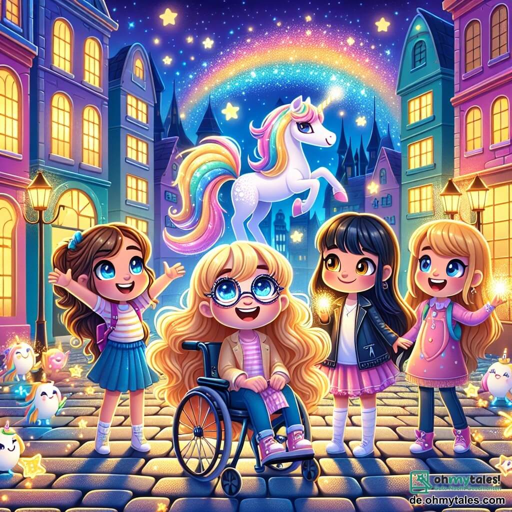 Illustration einer magischen Szene in einer bunten Stadt, in der Gebäude in leuchtenden Farben und gepflasterte Straßen unter einem sternenklaren Himmel strahlen. Im Zentrum stehen vier etwa 10-jährige Mädchen zusammen. Eines von ihnen, mit langen blonden Locken und funkelnden Augen, hebt begeistert die Arme. Eine andere, mit kleinen Brillen und einem braunen Pferdeschwanz, schaut neugierig auf ein leuchtendes Funkeln in ihren Händen. Die dritte, in einem Rollstuhl sitzend, hat braune Haare und ein breites Lächeln, während die letzte, mit schwarzen Haaren und einem Pony, fröhlich lacht. Im Hintergrund steht ein majestätisches, glitzerndes Einhorn mit einer Regenbogenmähne stolz da, umgeben von kleinen leuchtenden Kreaturen, die um es herumfliegen. Die Szene strahlt Freude und Abenteuer aus, mit funkelnden Sternen und magischen Lichtblitzen, die die Gesichter der Mädchen erleuchten und die Stärke ihrer Freundschaft im Angesicht des Unbekannten symbolisieren.