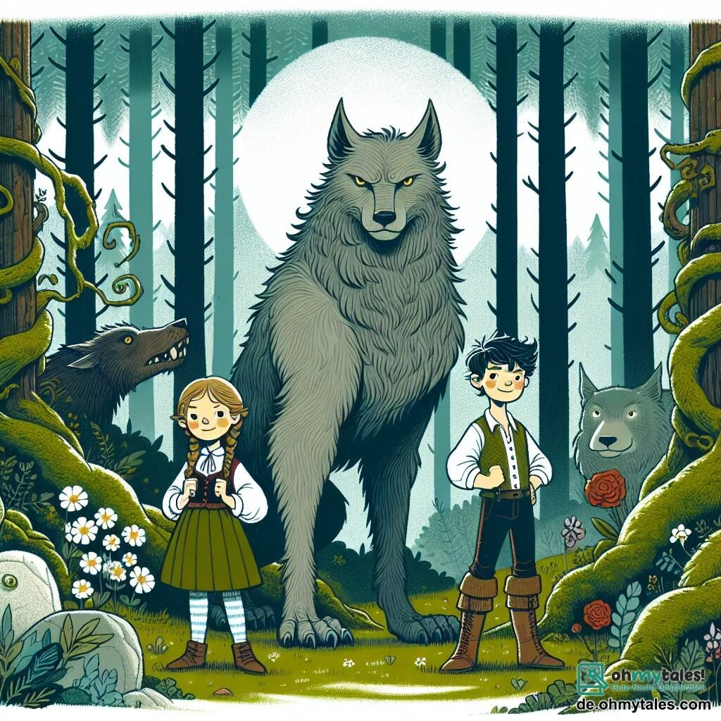 Une illustration destinée aux enfants représentant un loup-garou courageux, une jeune fille curieuse et un garçon intrépide, se déroulant dans un mystérieux et dense bois rempli de vieux arbres majestueux, de mousse et de fleurs sauvages.