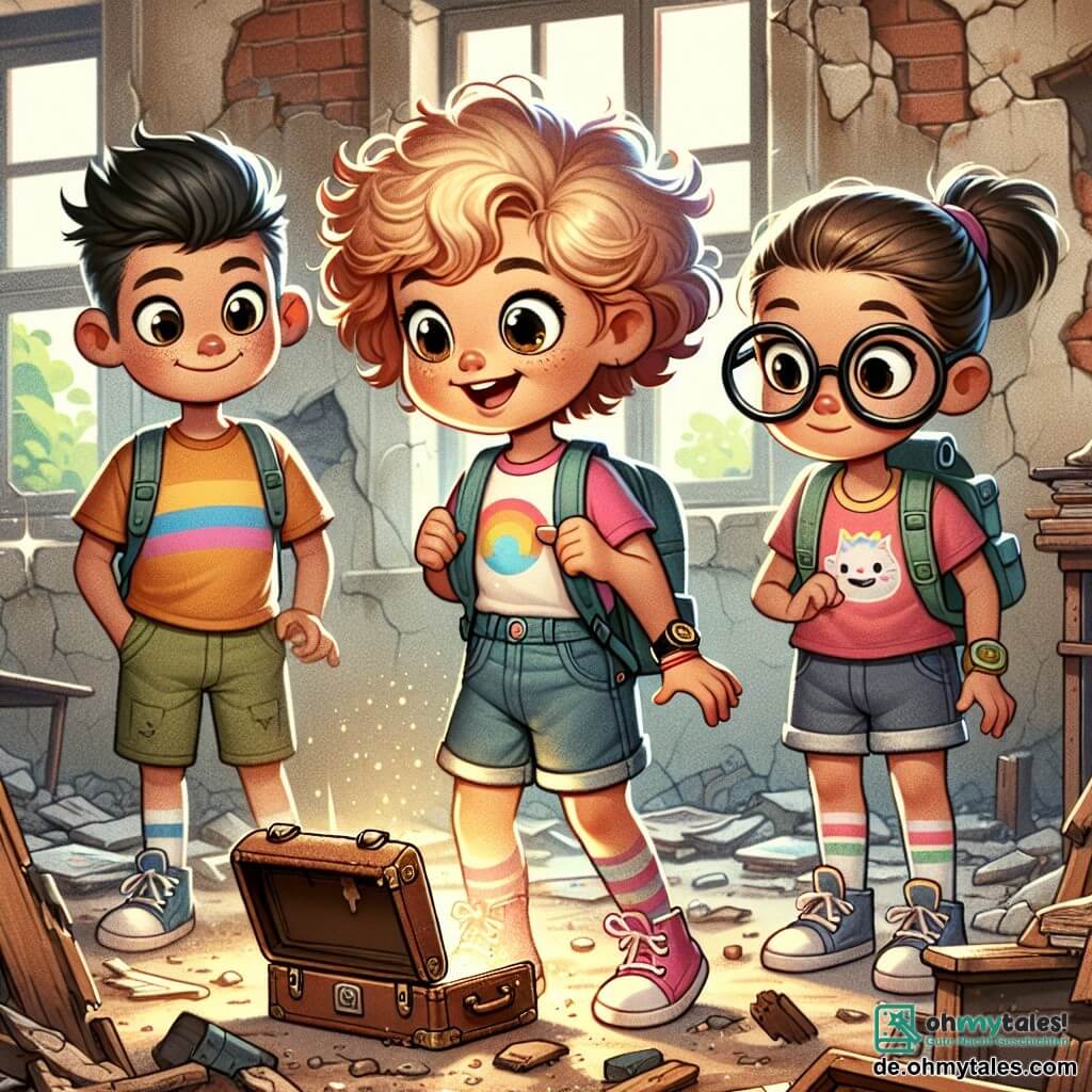 Une illustration sous forme de dessin destinée aux enfants représentant une vieille école abandonnée avec des murs décrépis et des fenêtres brisées, où une fille de 11 ans aux cheveux bouclés et aux yeux pétillants, vêtue d'un t-shirt coloré et d'un short, explore avec curiosité une salle de classe poussiéreuse, tandis que deux de ses amis, un garçon sportif aux cheveux courts et une fille aux lunettes avec des cheveux lisses, l'observent attentivement, tous trois découvrant un ancien trésor caché dans une vieille trousse d'école, symbolisant leur aventure en tant que petits enquêteurs.