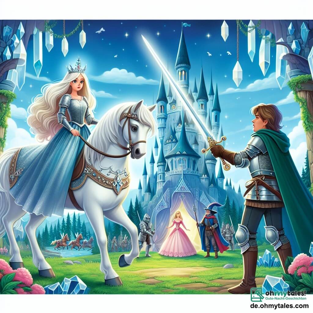 Une illustration destinée aux enfants représentant une chevaleresse courageuse affrontant un magicien maléfique pour sauver une princesse captive, accompagnée de son fidèle destrier blanc, dans un royaume enchanté aux tours de cristal et aux forêts mystérieuses.