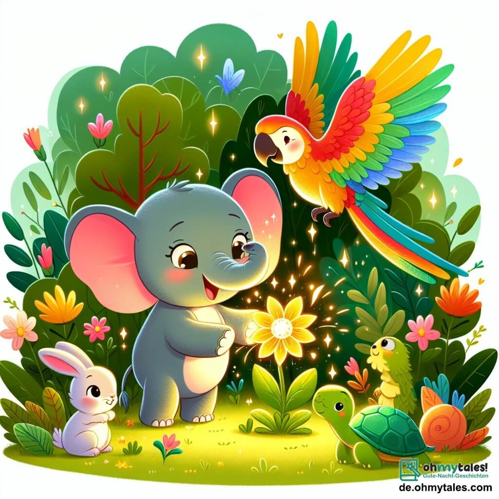 Une illustration sous forme de dessin destinée aux enfants représentant une scène magique dans une forêt verdoyante, où un petit éléphant aux grandes oreilles brillantes et au sourire joyeux danse au milieu de fleurs colorées, tandis qu'un vibrant perroquet aux plumes éclatantes s'envole autour de lui, illuminant le paysage avec des éclats de lumière, alors que des animaux curieux comme un petit lapin et une sage tortue les regardent émerveillés, tous captivés par la magie d'une fleur dorée qui fait briller le cœur de la forêt.