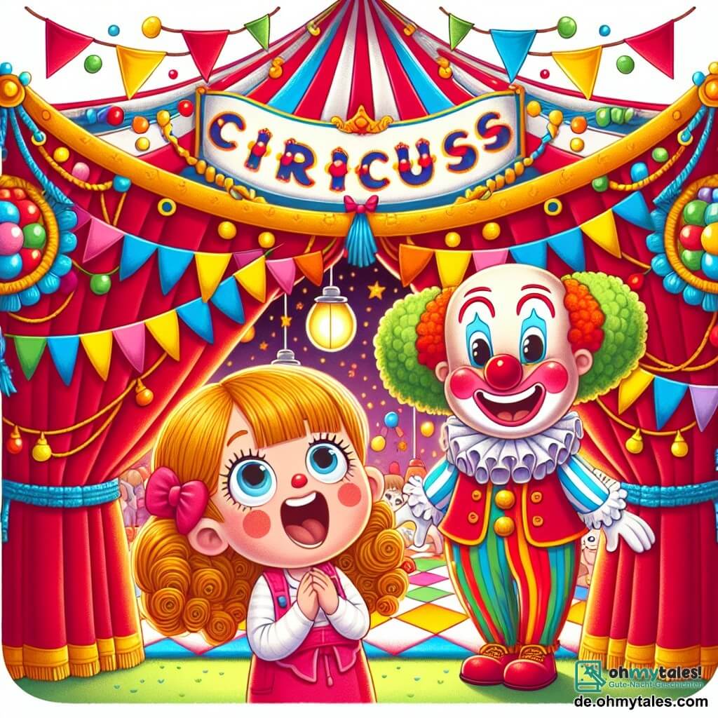 Une illustration destinée aux enfants représentant une petite fille pleine d'excitation assistant à un spectacle de cirque, accompagnée d'un clown joyeux aux cheveux rouges, dans un grand chapiteau coloré orné de guirlandes lumineuses et de drapeaux festifs.