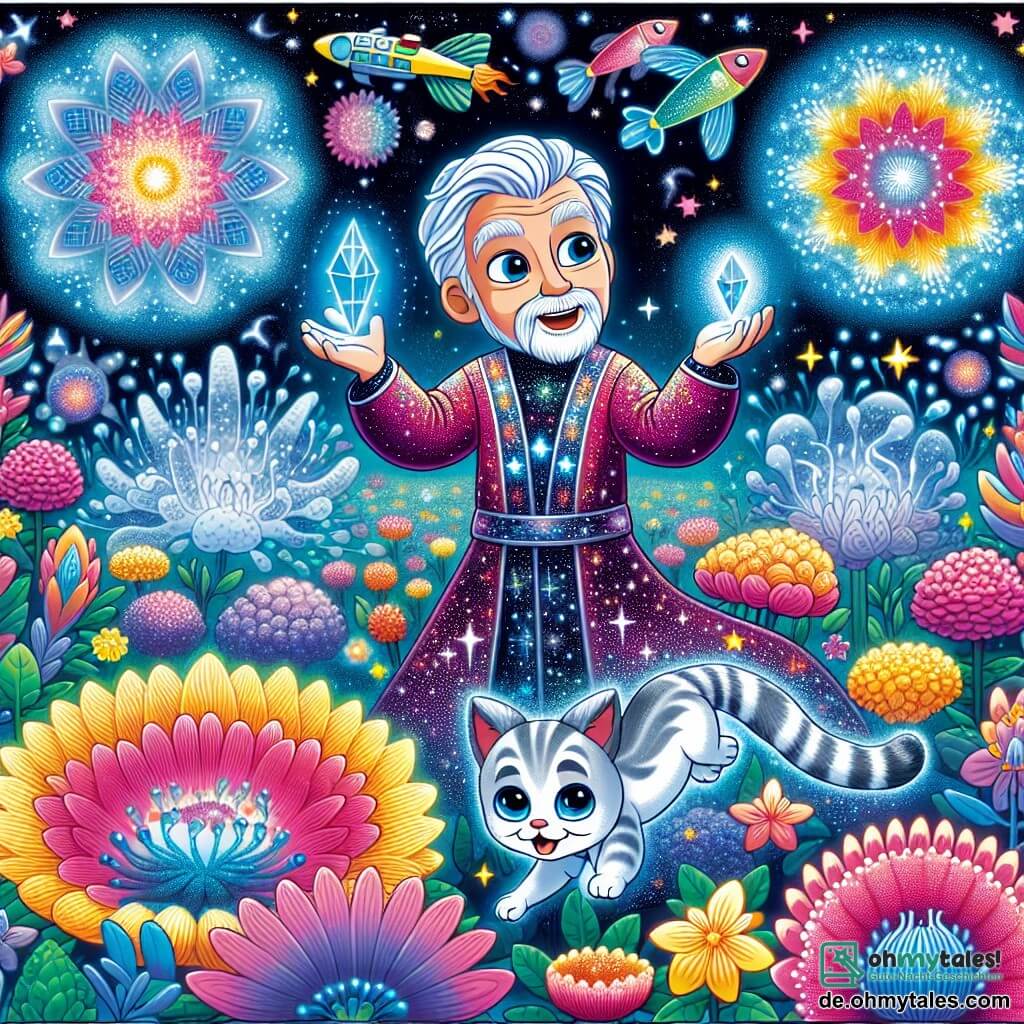 Une illustration sous forme de dessin destinée aux enfants représentant un vaste jardin intergalactique rempli de fleurs luminescentes et de poissons volants, où un homme aux cheveux argentés et à la robe scintillante, tenant un cristal lumineux, se tient au centre, entouré de sa meilleure amie, une petite chatte spatiale aux yeux brillants, qui flotte joyeusement à ses côtés, alors qu'ils s'apprêtent à unir la magie et la technologie pour sauver leur univers des sombres nébuleuses menaçantes.