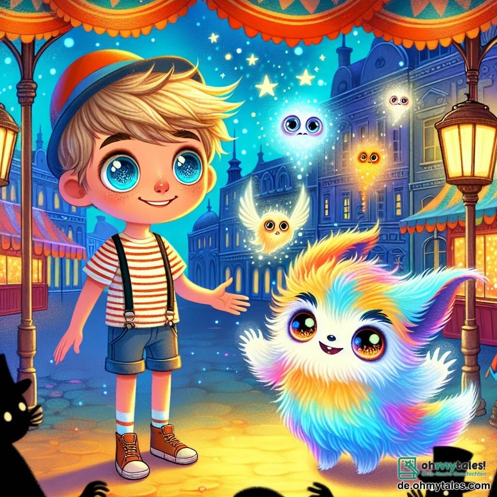 Une illustration sous forme de dessin destinée aux enfants représentant un ancien et coloré marché urbain, où un garçon de 7 ans aux cheveux blonds et aux yeux pétillants, vêtu d'un t-shirt rayé et d'un short, se tient courageusement au centre, tendant la main vers un petit être magique aux yeux brillants et au pelage multicolore, qui semble triste et perdu, tandis qu'autour d'eux, des ombres floues flottent, symbolisant les créatures de la nuit que le garçon et son ami tentent d'aider à retrouver la lumière, le tout baigné dans une atmosphère de magie et d'aventure.