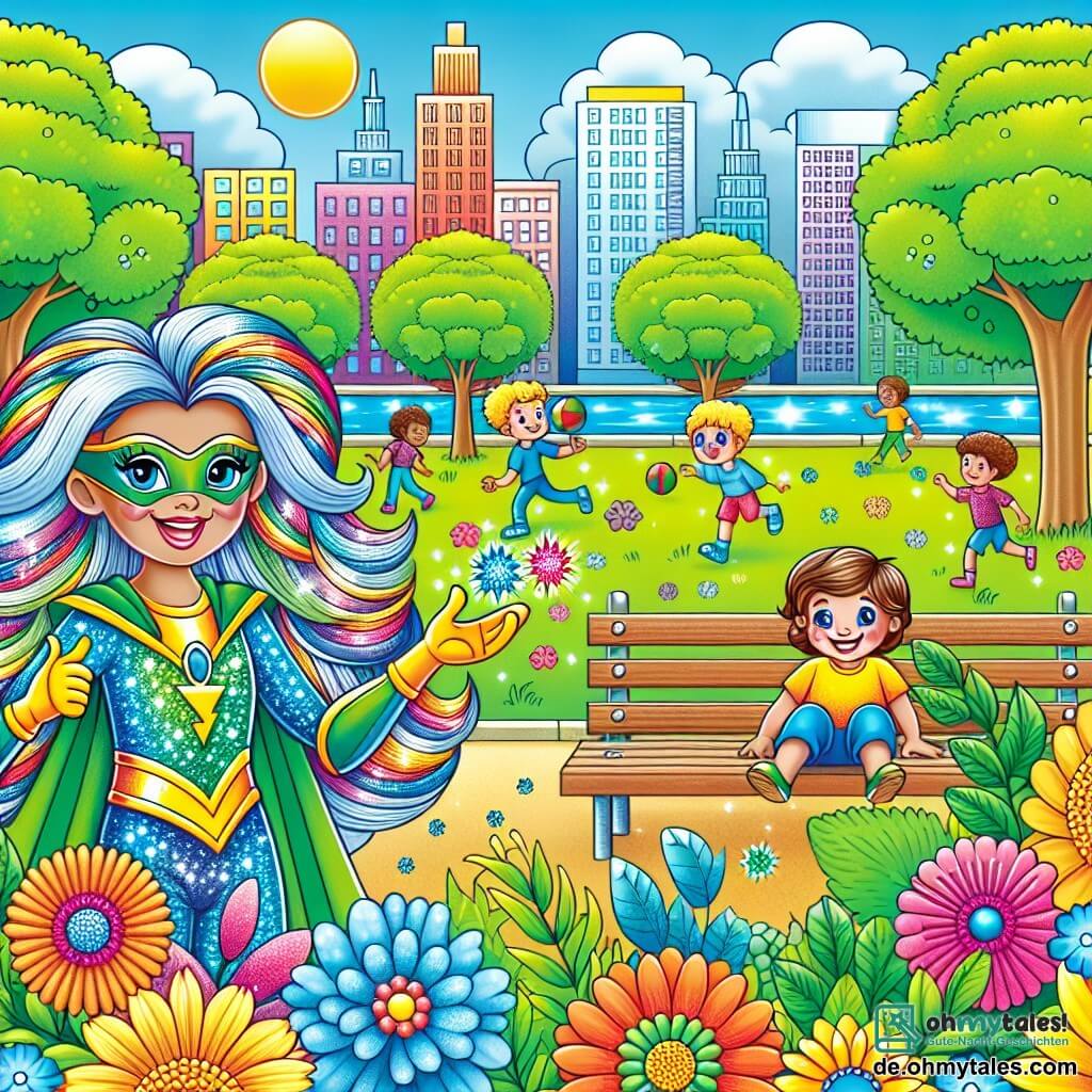 Une illustration sous forme de dessin destinée aux enfants représentant un parc coloré de la ville, avec des arbres verts et des fleurs éclatantes, où une femme super-héroïne aux longs cheveux scintillants de toutes les couleurs du arc-en-ciel, vêtue d'un costume brillant, aide un petit garçon aux cheveux bruns et aux yeux pétillants, assis sur un banc, qui sourit joyeusement après avoir retrouvé son ballon perdu, tandis que d'autres enfants jouent autour d'eux sous un ciel ensoleillé, illustrant l'esprit d'entraide et de bonheur.