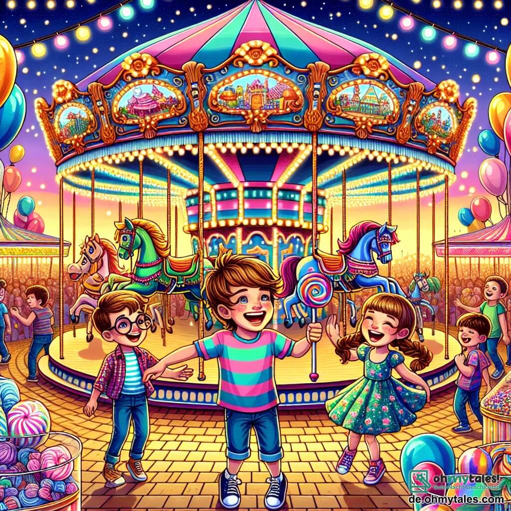 Illustration einer lebhaften Karnevalsszene. Der Ort ist ein großer Freiluftbereich, gefüllt mit leuchtenden Farben: Stände mit Pastellleckereien, schwebenden Ballons und funkelnden Lichtergirlanden. In der Mitte dreht sich ein riesiges Karussell langsam, geschmückt mit bunten Holzpferden, während eine fröhliche Menge zum Rhythmus der festlichen Musik tanzt. Die Hauptfigur ist ein 11-jähriger Junge mit zerzausten braunen Haaren und funkelnden Augen voller Neugier. Er trägt ein bunt gestreiftes T-Shirt und eine Jeansshorts und lächelt breit, die Arme in Zeichen der Freude erhoben, als wäre er bereit für ein Abenteuer. An seiner Seite sind zwei Nebenfiguren: ein etwa 10-jähriges Mädchen mit langen, geflochtenen blonden Haaren und einem Blumenkleid, das lachend einen großen bunten Lutscher hält; und ein 9-jähriger Junge mit runden Brillen und einem T-Shirt mit Superheldenmotiven, der mit Staunen auf das Karussell zeigt. Die Hauptsituation zeigt den Jungen, der aufgeregt auf das Karussell zuläuft, während seine Freunde ihm lachend folgen. Konfetti fliegt in der Luft und verleiht der Szene eine festliche Note, während Kinder, die als Tiere und fantastische Figuren verkleidet sind, die Szene bereichern und eine magische Karnevalsatmosphäre schaffen.