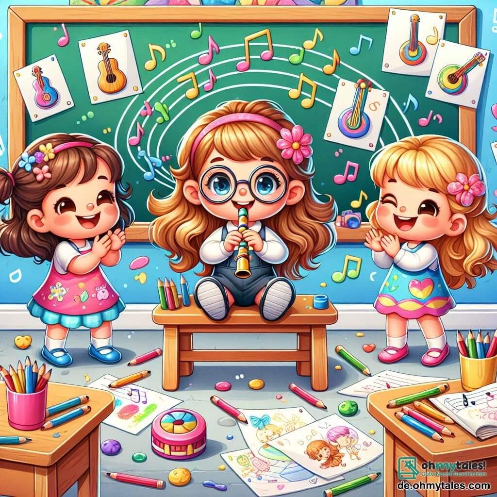 Illustration einer hellen und bunten Klassenzimmer, mit hellblauen Wänden und Kinderzeichnungen an den Wänden. In der Mitte steht eine große Tafel, umgeben von Holztischen, auf denen Buntstifte und Blätter verstreut sind. In dieser Szene sitzt ein vierjähriges Mädchen mit runden Brillen und strahlendem Lächeln an einem Tisch. Sie hat braune Haare, die in zwei kleinen Zöpfen gebunden sind. Neben ihr applaudiert ein weiteres vierjähriges Mädchen mit langen goldenen Locken und einem hübschen bunten Kleid fröhlich. Ein bisschen weiter hält ein vierjähriges Mädchen mit kurzen Haaren und einem lächelnden Gesicht eine Flöte und ist bereit zu spielen. Die Hauptsituation zeigt die drei Mädchen, die zusammen Musik machen, umgeben von bunten Instrumenten. Das Mädchen mit der Flöte bläst sanft, während die anderen sie begeistert anfeuern. Noten schweben in der Luft und verleihen der Illustration eine magische Note. Buntstifte, Blätter und Zeichnungen von Instrumenten sind auf den Tischen verstreut und symbolisieren ihre Kreativität und Freundschaft.
