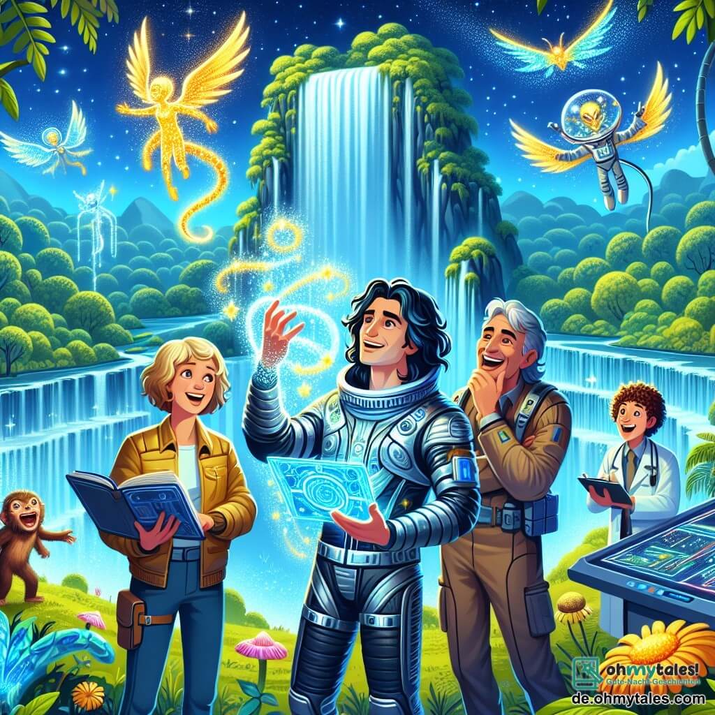 Une illustration sous forme de dessin destinée aux enfants représentant un paysage vibrant de Taris-9, un monde extraterrestre avec des jungles luxuriantes et un majestueux cascade scintillante, où un homme aux cheveux longs et sombres, vêtu d'une combinaison spatiale brillante, observe avec émerveillement des créatures luminescentes flottant autour de lui, tandis qu'une jeune femme ingénieure aux cheveux courts et blonds, concentrée sur un appareil technologique, et un jeune homme jovial aux cheveux bouclés, riant et prenant des notes, se tiennent à ses côtés, illustrant l'instant où ils découvrent la beauté et la magie de ce nouveau monde tout en établissant un lien avec ses habitants.