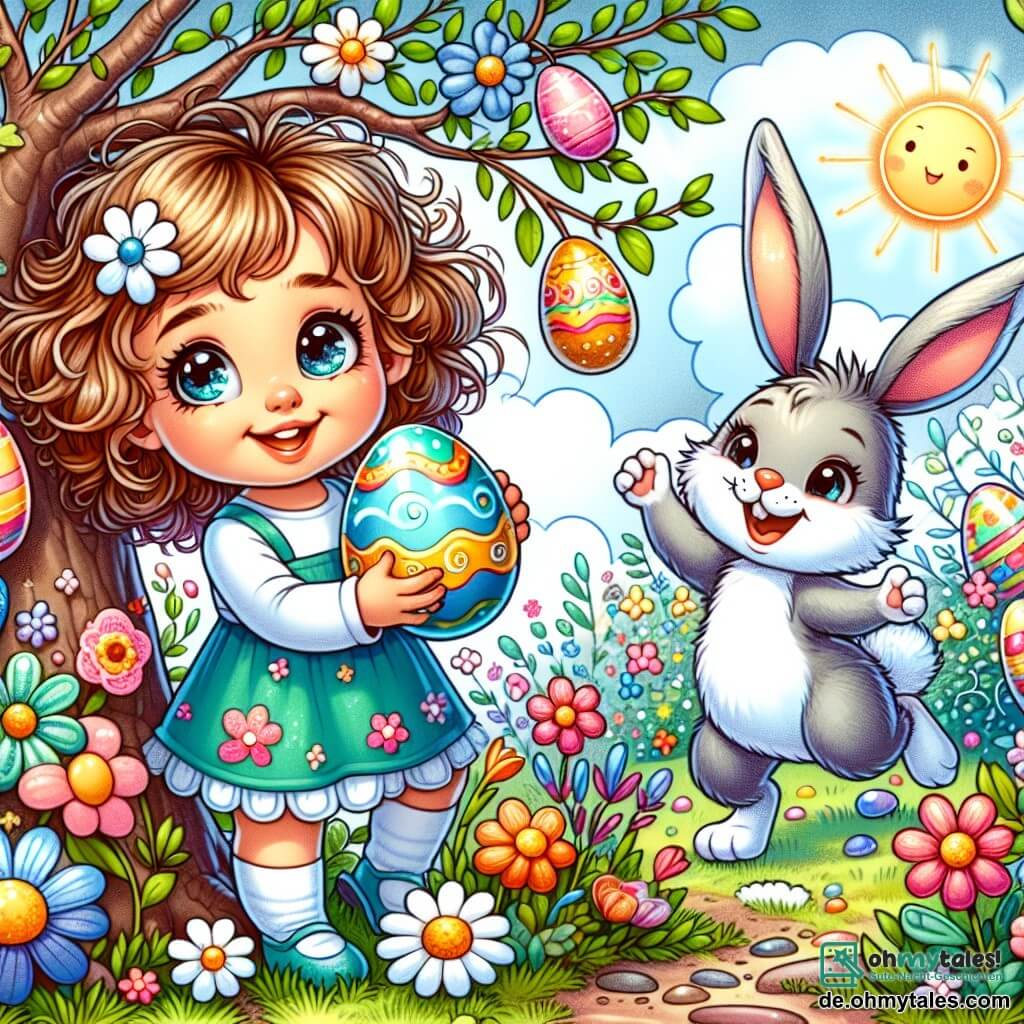 Une illustration sous forme de dessin destinée aux enfants représentant un jardin ensoleillé rempli de fleurs colorées et d'œufs de Pâques, avec une petite fille de 1 an aux cheveux bouclés et aux yeux pétillants, qui sourit en tenant un œuf brillant derrière un arbre, tandis qu'un joyeux lapin de Pâques aux grandes oreilles et à la fourrure blanche saute à ses côtés, célébrant la découverte de l'œuf spécial dans une atmosphère festive et enchantée.