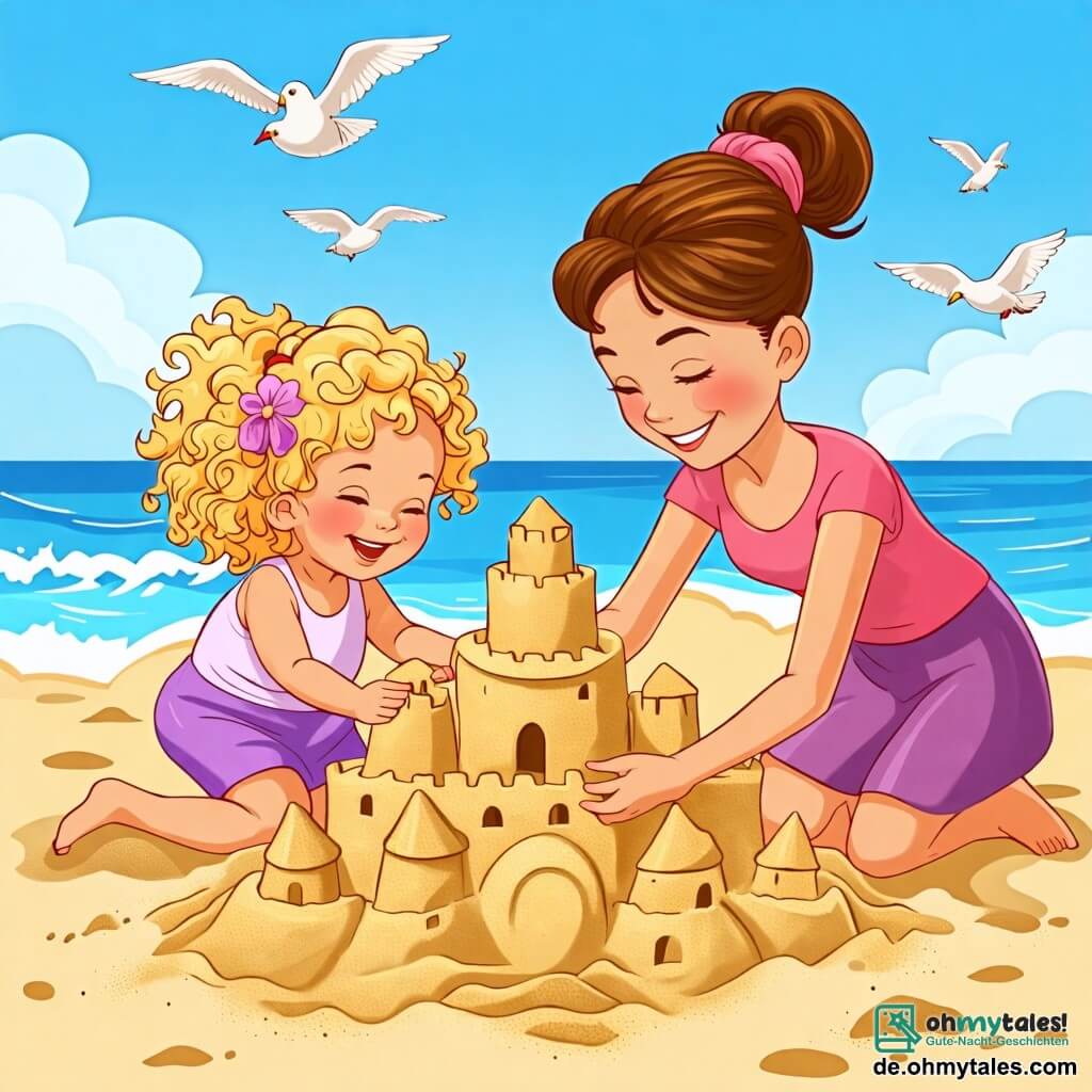 Une illustration sous forme de dessin destinée aux enfants représentant une plage ensoleillée avec du sable doré, une petite fille de 2 ans aux cheveux bouclés et blonds, souriante, assise dans le sable en train de construire une grande sandcastle avec sa maman, une femme joyeuse aux cheveux châtains attachés en chignon, qui l'aide à façonner des tours de sable, le tout sous un ciel bleu parsemé de quelques nuages blancs, avec des vagues douces en arrière-plan et des mouettes volant au-dessus.