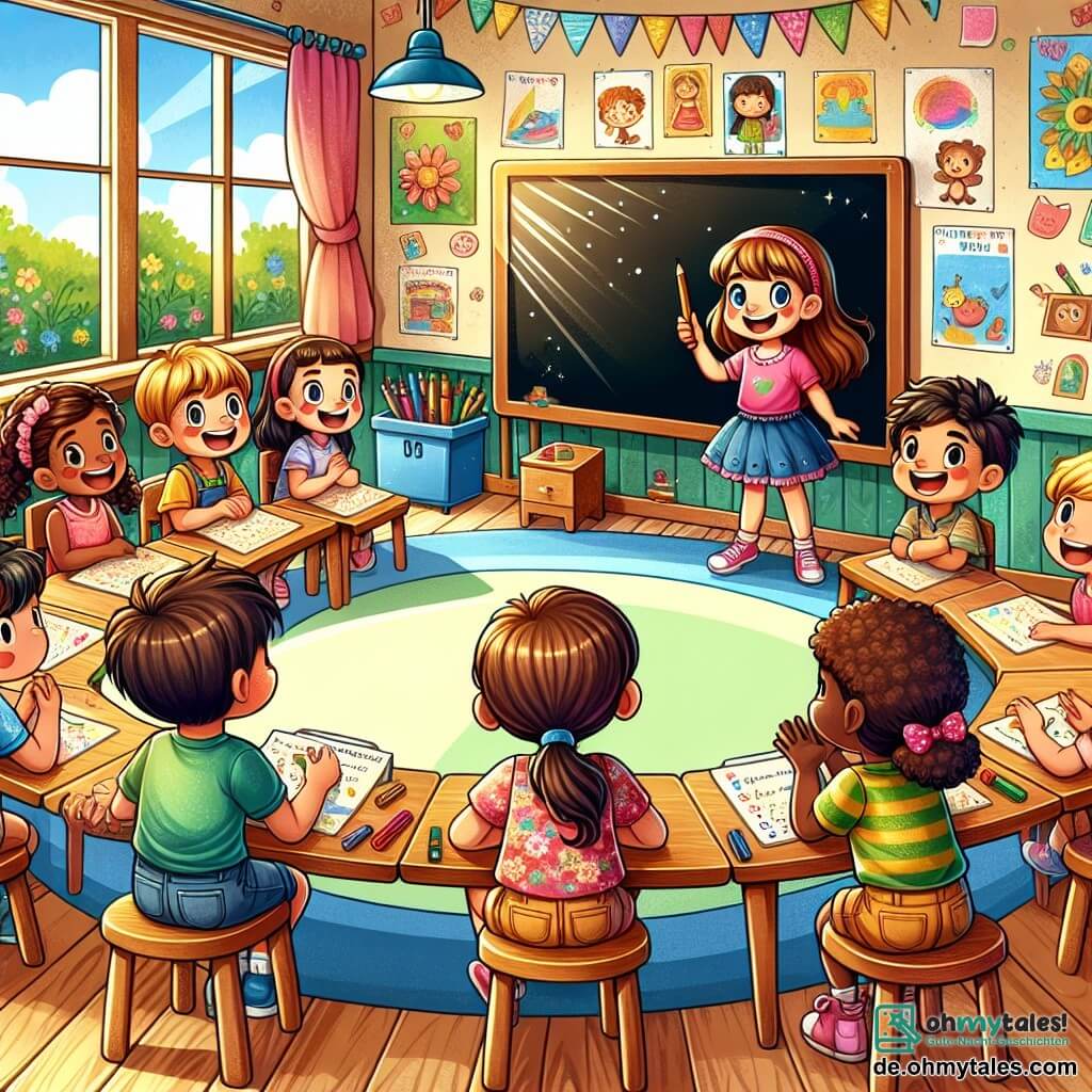 Illustration eines bunten und einladenden Klassenzimmers mit Wänden, die mit Kinderzeichnungen und Bildungsplakaten geschmückt sind. In der Mitte steht eine große, glänzende Tafel und die Holztische sind im Kreis angeordnet, mit verstreuten, bunten Schulmaterialien. In dieser Szene lächelt ein etwa 8-jähriges Mädchen mit langen, lockigen Haaren, das ein rosa T-Shirt und eine Jeansshorts trägt. Sie hält einen Bleistift in einer Hand und ein Stück Papier in der anderen, bereit zum Zeichnen. Neben ihr sitzt ein weiteres 8-jähriges Mädchen mit glatten, braunen Haaren in einem Blumenkleid, das begeistert zur Tafel schaut, mit funkelnden Augen vor Aufregung. Die Hauptsituation zeigt die Kinder, die an einem Vorstellspiel teilnehmen, bei dem jeder seinen Namen sagen und eine lustige Anekdote über seine Sommerferien teilen muss. Die anderen Kinder, eine Mischung aus Jungen und Mädchen, sitzen herum, lachen und applaudieren, was eine fröhliche und freundliche Atmosphäre schafft. Im Hintergrund lassen Fenster Sonnenlicht herein, das den Raum erhellt, und grüne Pflanzen verleihen einen frischen Touch. Tier- und Landschaftszeichnungen der Schüler schmücken die Wände und verstärken die warme und kreative Atmosphäre des Klassenzimmers.