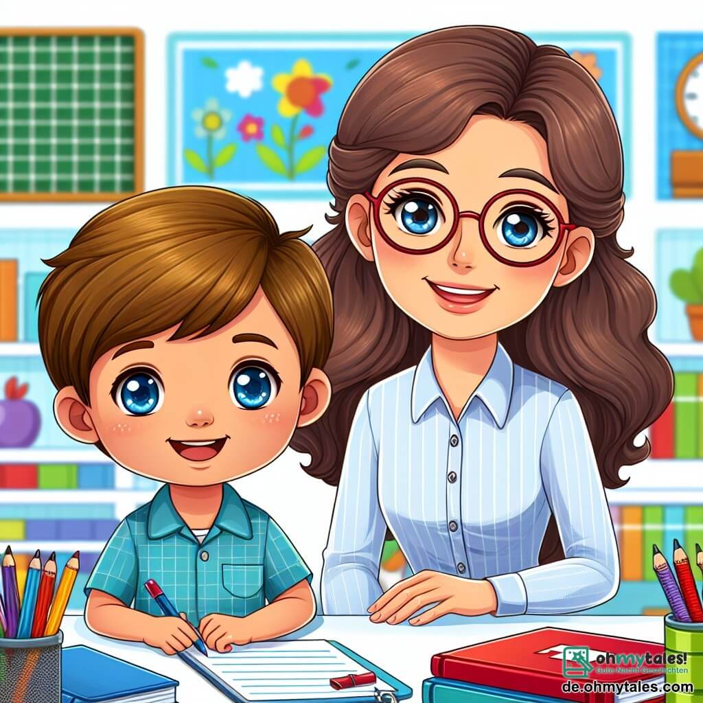 Une illustration destinée aux enfants représentant un petit garçon aux cheveux bruns et aux yeux bleus, vivant son premier jour d'école avec sa nouvelle maîtresse, une jeune femme aux cheveux longs et à la monture de lunettes, dans une salle de classe lumineuse et colorée remplie de livres et de fournitures scolaires.
