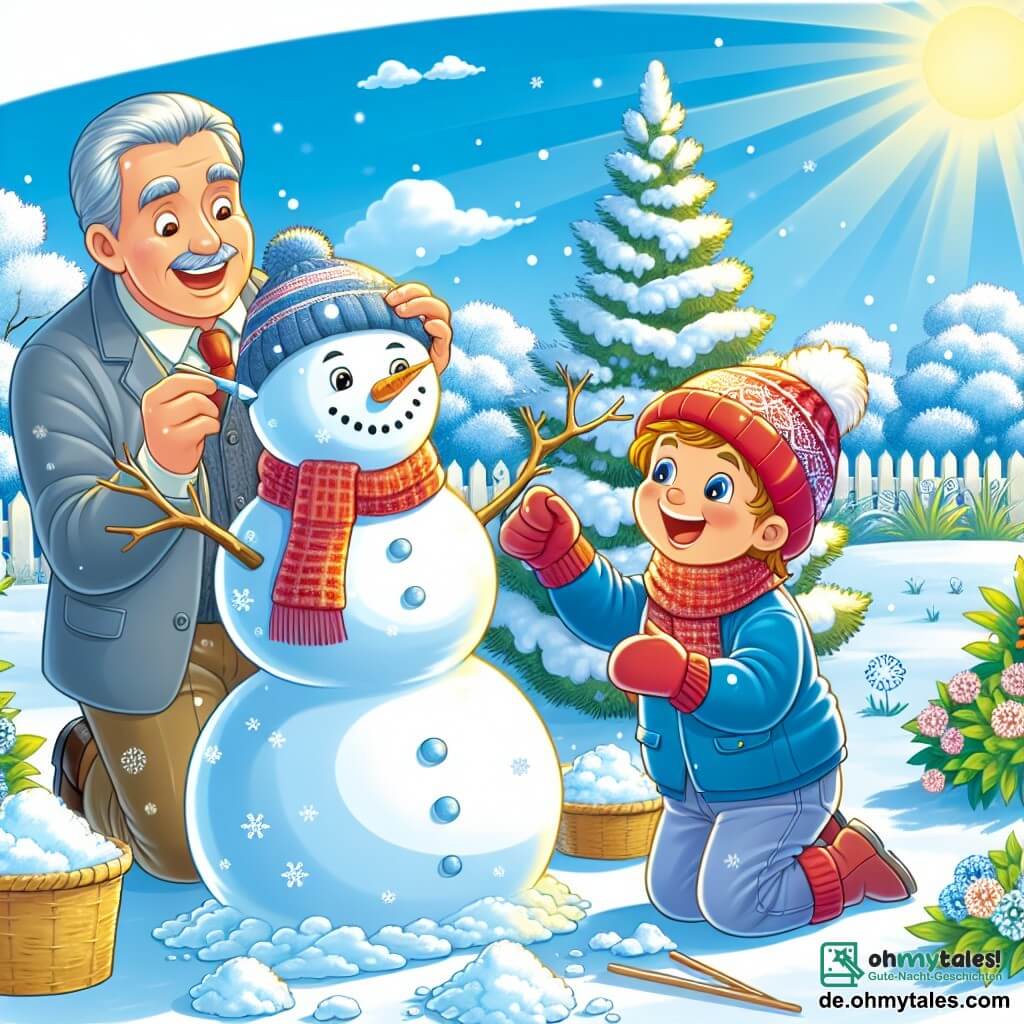 Une illustration destinée aux enfants représentant un petit garçon enthousiaste construisant un joyeux bonhomme de neige avec l'aide de son père, sous un ciel bleu clair et un soleil brillant, dans un jardin recouvert d'un manteau blanc étincelant de neige fraîche.