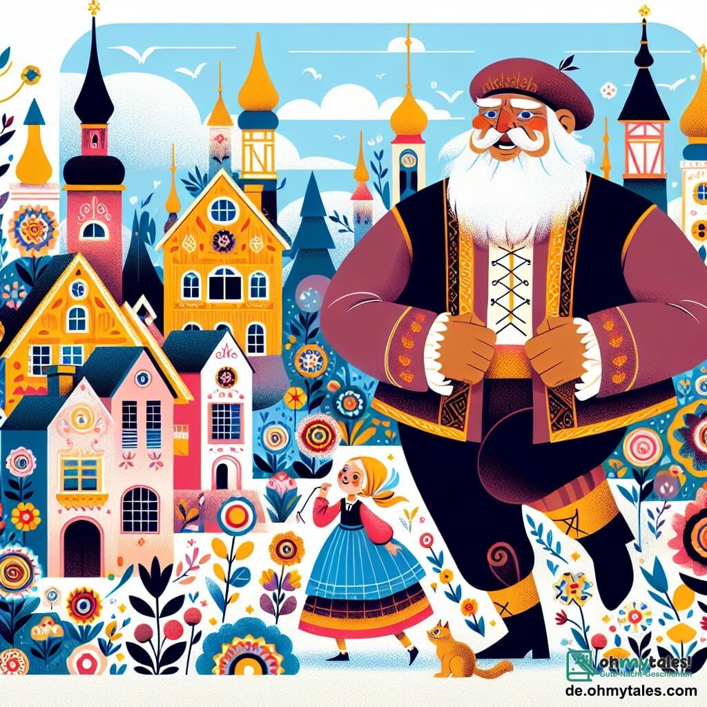 Une illustration destinée aux enfants représentant un géant jovial, une petite fille curieuse, et un chat espiègle se déroulant dans le village coloré de Champfleur, où les maisons ressemblent à des bonbons et les fleurs dansent au rythme de la musique enchantée.
