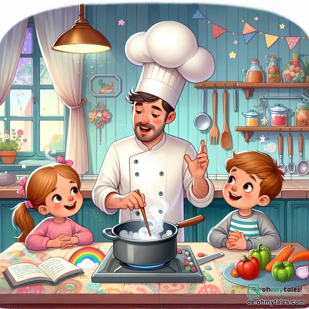 Une illustration destinée aux enfants représentant un chef cuisinier passionné, un garçon, enseignant à deux enfants curieux, une fille et un garçon, les secrets de la cuisine, dans une cuisine chaleureuse et colorée remplie d'ustensiles et d'ingrédients magiques.