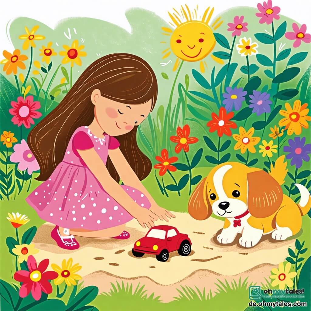 Une illustration sous forme de dessin destinée aux enfants représentant un jardin ensoleillé avec des fleurs colorées et un petit bac à sable, où une fille de 2 ans aux longs cheveux bruns, portant une robe rose, est accroupie en train de chercher son jouet rouge, tandis qu'à ses côtés, un petit chien aux poils dorés, avec une expression curieuse, renifle le sol, illustrant leur quête joyeuse pour retrouver l'auto disparue.