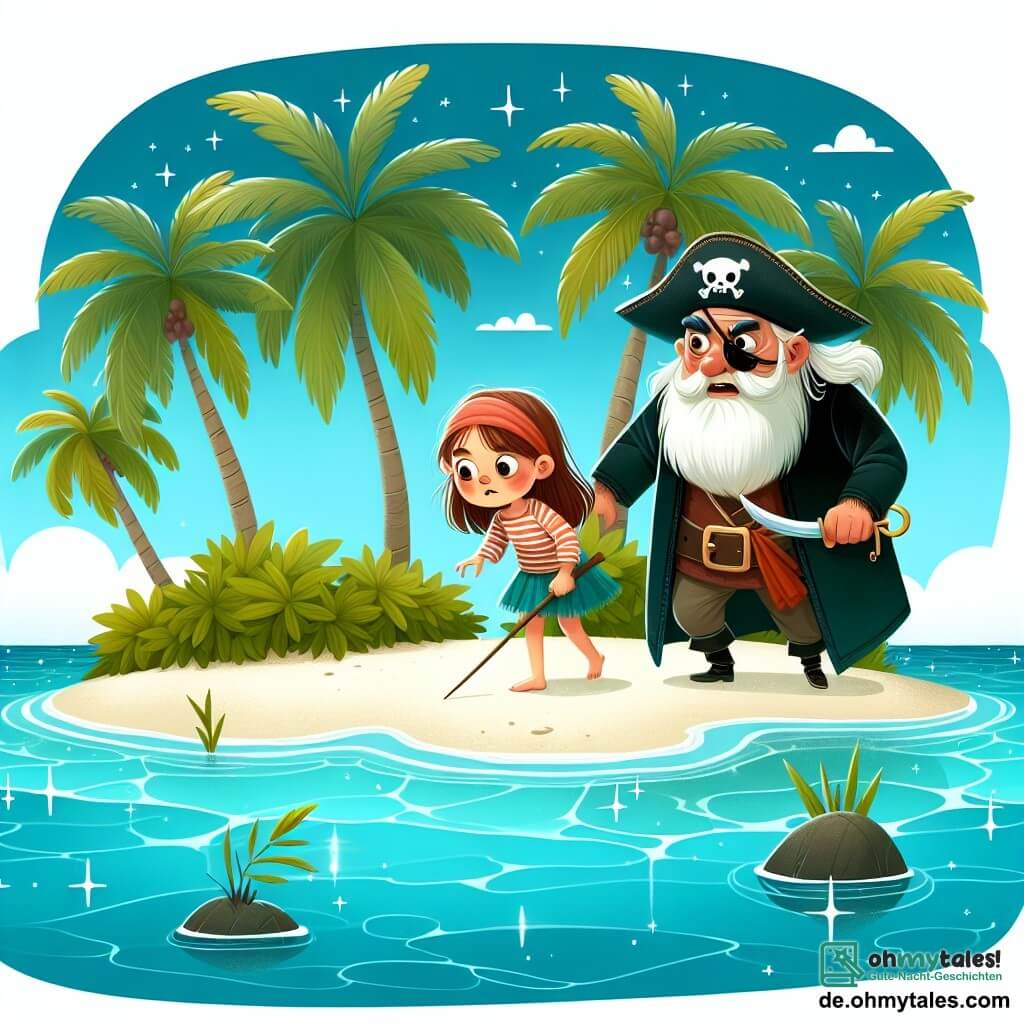 Une illustration destinée aux enfants représentant une jeune fille courageuse et aventurière, accompagnée de son mentor, un vieux capitaine pirate au regard malicieux, explorant une mystérieuse île aux palmiers touffus, entourée d'eaux cristallines scintillantes sous un ciel azur.