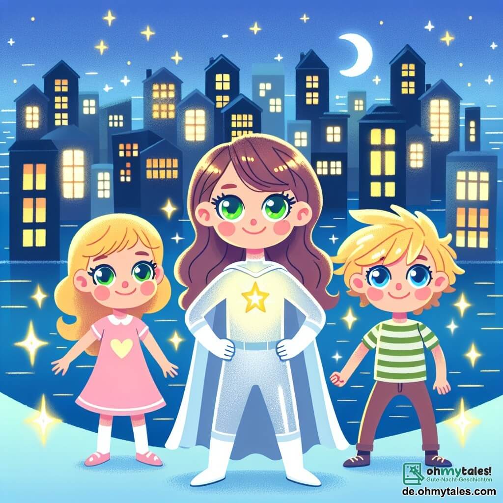 Une illustration destinée aux enfants représentant une super-héroïne brillante, entourée de sa meilleure amie, une fille aux yeux verts, et de son fidèle compagnon, un garçon aux cheveux éclairés, dans la ville scintillante de Sternenlicht, où les bâtiments reflètent la lumière des étoiles.