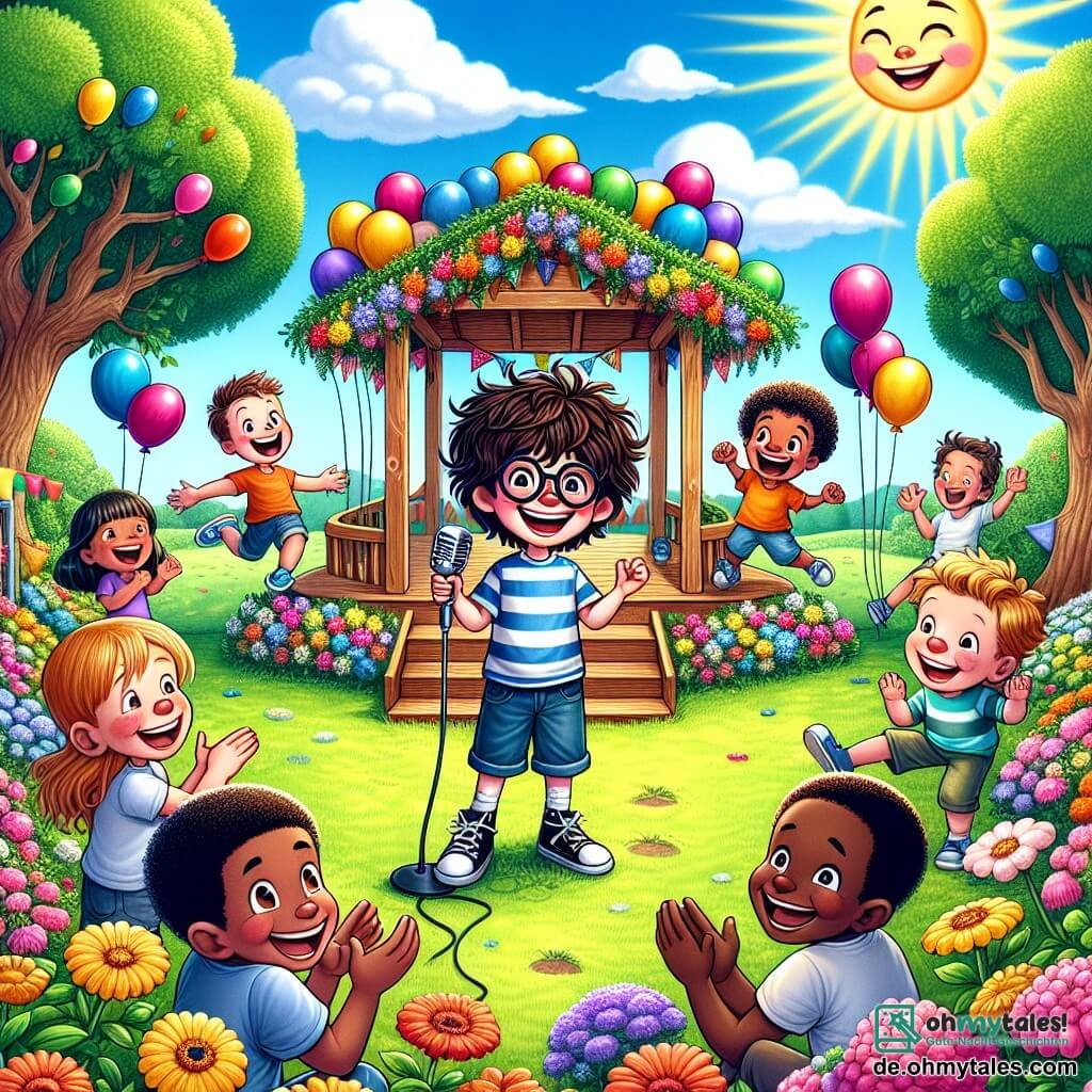 Illustration eines sonnigen Gartens, gefüllt mit bunten Blumen und grünen Bäumen. In der Mitte eine kleine Holzbühne, dekoriert mit bunten Ballons. Vier Jungen von etwa 10 Jahren versammeln sich um die Bühne: der erste, ein Junge mit zerzausten braunen Haaren, lächelt mit Brille, hält ein Mikrofon und lacht laut. Neben ihm steht ein blonder Junge mit einem gestreiften T-Shirt, die Arme verschränkt, mit einem schelmischen Ausdruck, bereit einen Witz zu erzählen. Der dritte, ein athletischer Junge mit braunen Haaren, springt vor Freude, während der vierte, ein kleiner Junge mit lockigem Haar und großem Lächeln, ein Witzbuch hält. Im Hintergrund lachen und applaudieren die Dorfbewohner, was eine fröhliche und festliche Atmosphäre schafft. Weiße Wolken schweben in einem strahlend blauen Himmel und verleihen dieser Szene voller Lachen und Freundschaft eine Leichtigkeit.