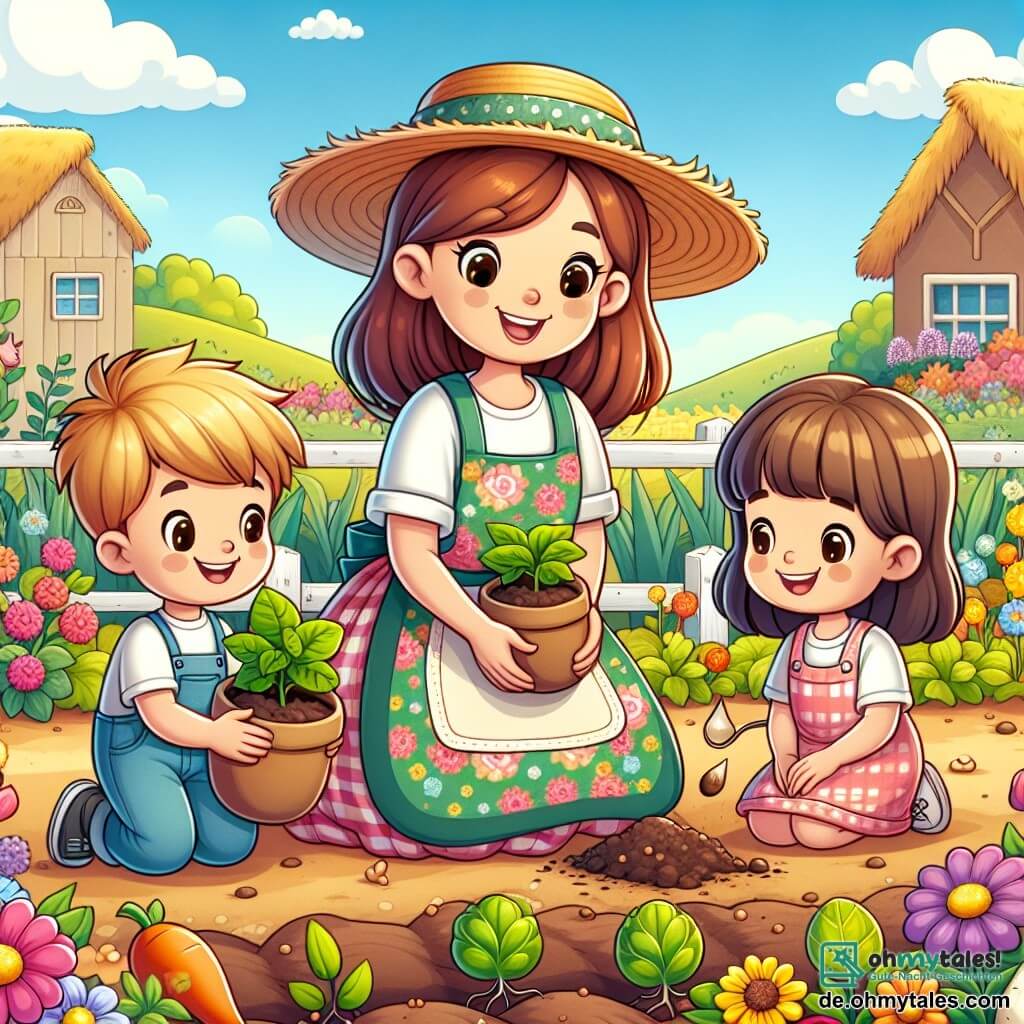 Une illustration sous forme de dessin destinée aux enfants représentant un charmant et coloré jardin potager sur un ferme ensoleillée, avec une femme aux cheveux châtains, portant un tablier fleuri et un chapeau de paille, souriante alors qu'elle montre aux deux enfants, un garçon aux cheveux blonds et une fille aux cheveux bruns, comment planter des graines dans la terre fertile, entourés de fleurs éclatantes et de légumes frais, créant une atmosphère joyeuse et éducative.