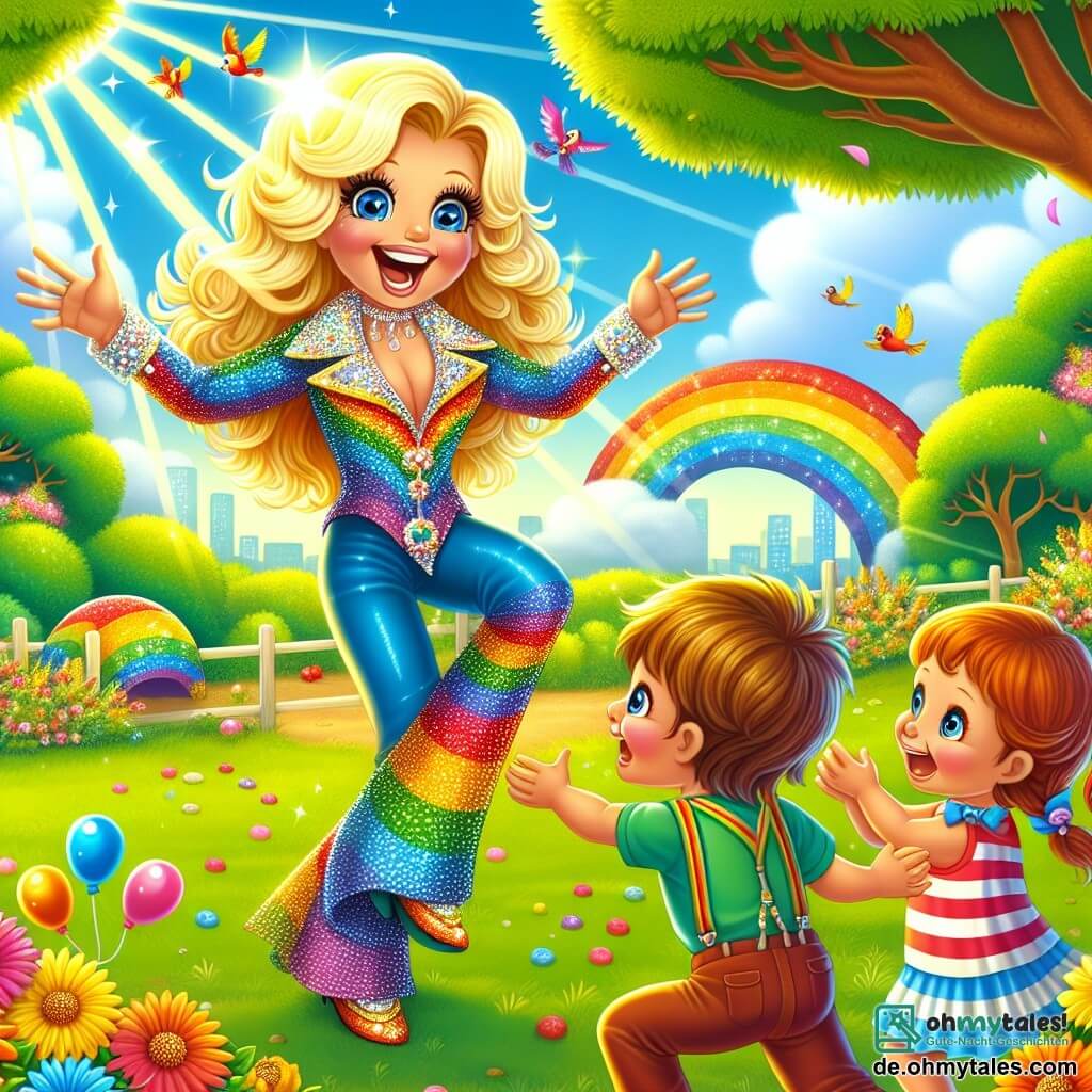 Eine Illustration zeigt einen sonnigen Park in lebhaften Farben, mit Bäumen mit strahlend grünen Blättern und bunten Blumen, die im Wind tanzen. Im Zentrum der Szene spielt ein Mann mit strahlend blonden Haaren und funkelnden blauen Augen, gekleidet in einen glänzenden Anzug in Regenbogenfarben, fröhlich mit Kindern. Er läuft mit einem breiten Lächeln, die Arme weit geöffnet, bereit, einen etwa 6-jährigen Jungen mit braunen Haaren zu fangen, der lachend versucht, ihn zu berühren. Neben ihm applaudiert ein etwa 5-jähriges Mädchen mit geflochtenen Haaren begeistert, ihre Augen glänzen vor Bewunderung. Die Atmosphäre ist voller Freude und Kameradschaft, mit Sonnenstrahlen, die die Szene erhellen, und Vögeln, die am blauen Himmel singen. Bunte Luftballons schweben in der Luft und verleihen diesem schönen Tag eine festliche Note.