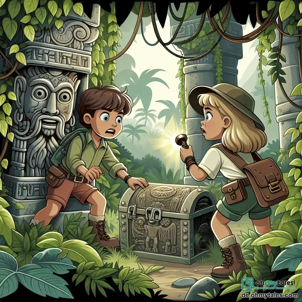 Une illustration destinée aux enfants représentant un archéologue curieux, un garçon, découvrant un trésor caché avec l'aide d'une petite exploratrice intrépide, une fille, dans une ancienne ruine mystérieuse entourée de lianes verdoyantes et de pierres anciennes sculptées.
