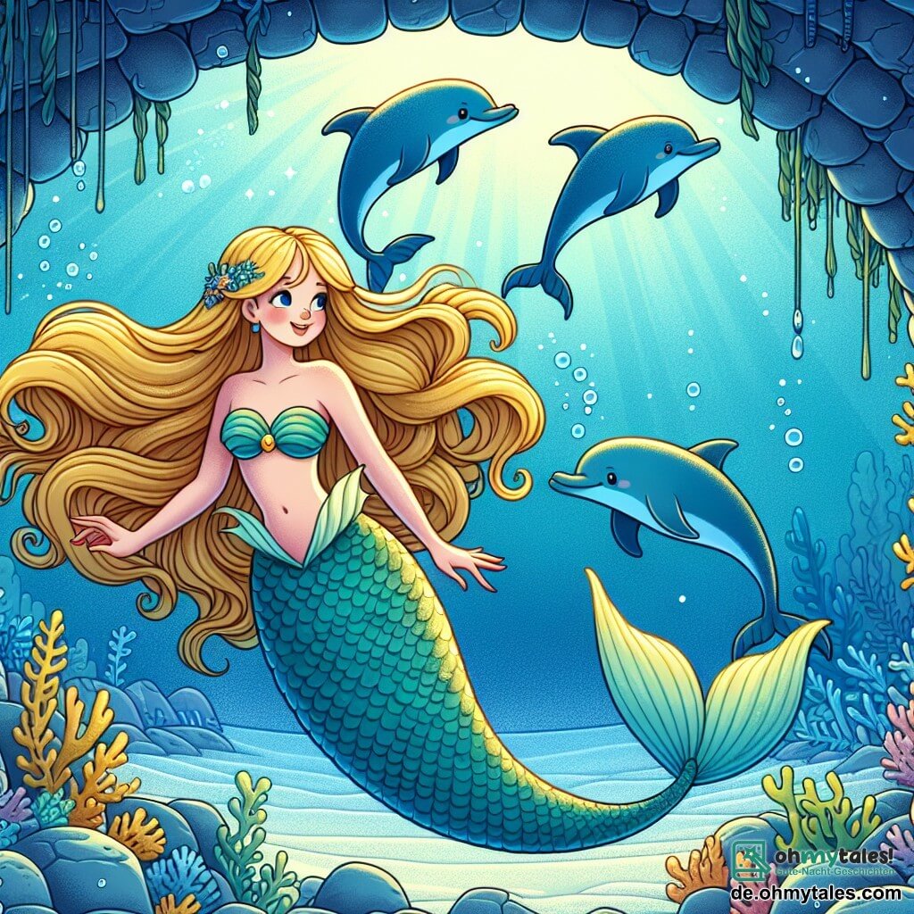 Une illustration destinée aux enfants représentant une belle sirène aux longs cheveux dorés nageant avec grâce dans une grotte sous-marine enchantée, accompagnée de trois jeunes dauphins espiègles.