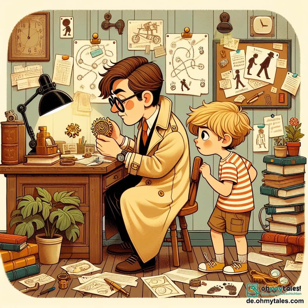 Une illustration sous forme de dessin destinée aux enfants représentant un bureau de détective chaleureux et encombré, avec des livres et des notes éparpillés sur un vieux bureau en bois, où un homme aux cheveux bruns et aux lunettes rondes, vêtu d'un trench-coat beige, examine attentivement un mystérieux engrenage doré, tandis qu'un garçon aux cheveux blonds, portant un t-shirt rayé et un short, l'observe avec des yeux écarquillés, tous deux plongés dans une enquête pour retrouver un vélo volé, avec des indices éparpillés autour d'eux, comme des empreintes de pas et des croquis.