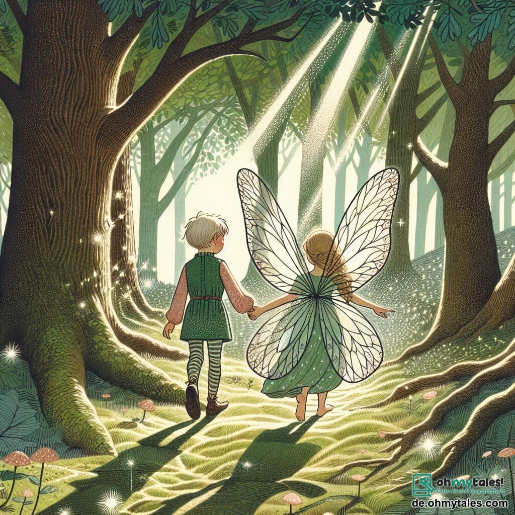 Une illustration destinée aux enfants représentant une jeune fée aux ailes scintillantes, accompagnée d'une timide fée fille, marchant main dans la main à travers un vaste et mystérieux bois de chênes centenaires, où les rayons du soleil filtrent à travers les feuilles pour former des motifs magiques sur le sol tapissé de mousse verte.