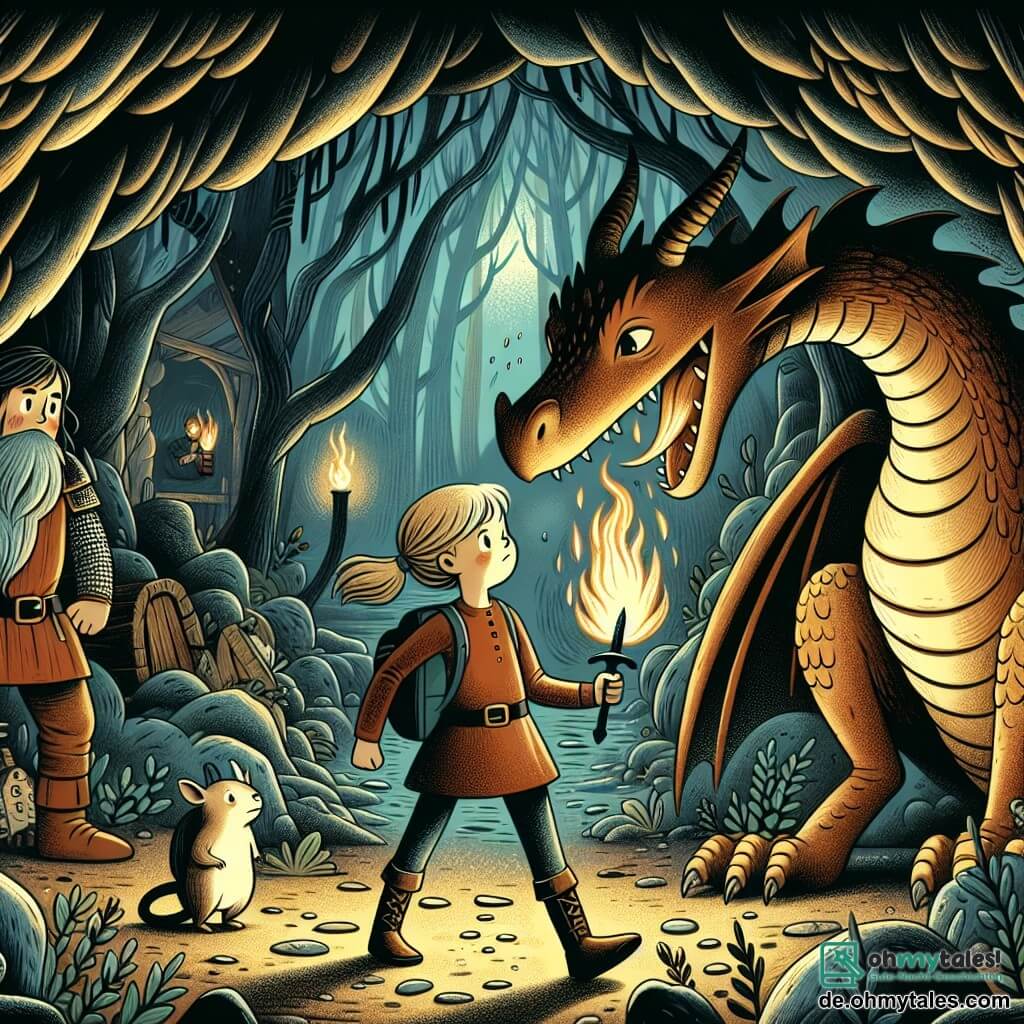 Une illustration destinée aux enfants représentant une jeune fille intrépide se tenant face à un dragon cracheur de feu, aidée par un gentil kobold, dans une sombre et mystérieuse grotte au cœur d'une forêt enchantée habitée par des géants bienveillants.