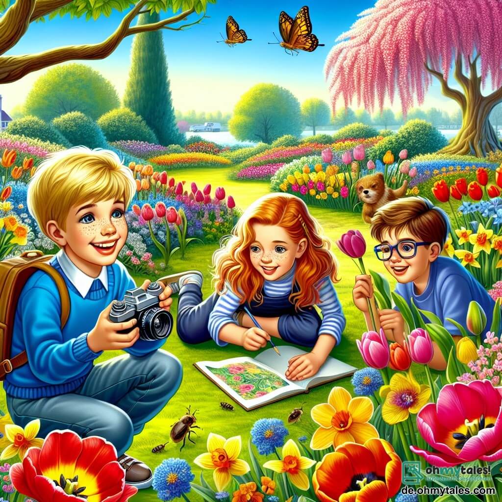 Eine Illustration zeigt einen blühenden Garten im Frühling, mit bunten Blumen wie Tulpen, Narzissen und Mohnblumen, die im sanften Wind tanzen. In der Mitte hockt ein 11-jähriger Junge mit strahlend blonden Haaren und einem leuchtenden Lächeln, der eine kleine Kamera hält, bereit, die Schönheit der Blumen festzuhalten. An seiner Seite zwei Freunde: ein 10-jähriges Mädchen mit roten Haaren und Sommersprossen, das begeistert in ein Notizbuch zeichnet, und ein 11-jähriger Junge mit braunen Haaren und Brille, der aufmerksam ein kleines Insekt beobachtet. Gemeinsam erkunden sie den Garten, fasziniert von den leuchtenden Farben und den fröhlichen Geräuschen der Natur. Im Hintergrund verleihen ein majestätischer großer Baum und ein klarblauer Himmel der frühlingshaften Szene eine friedliche Note.