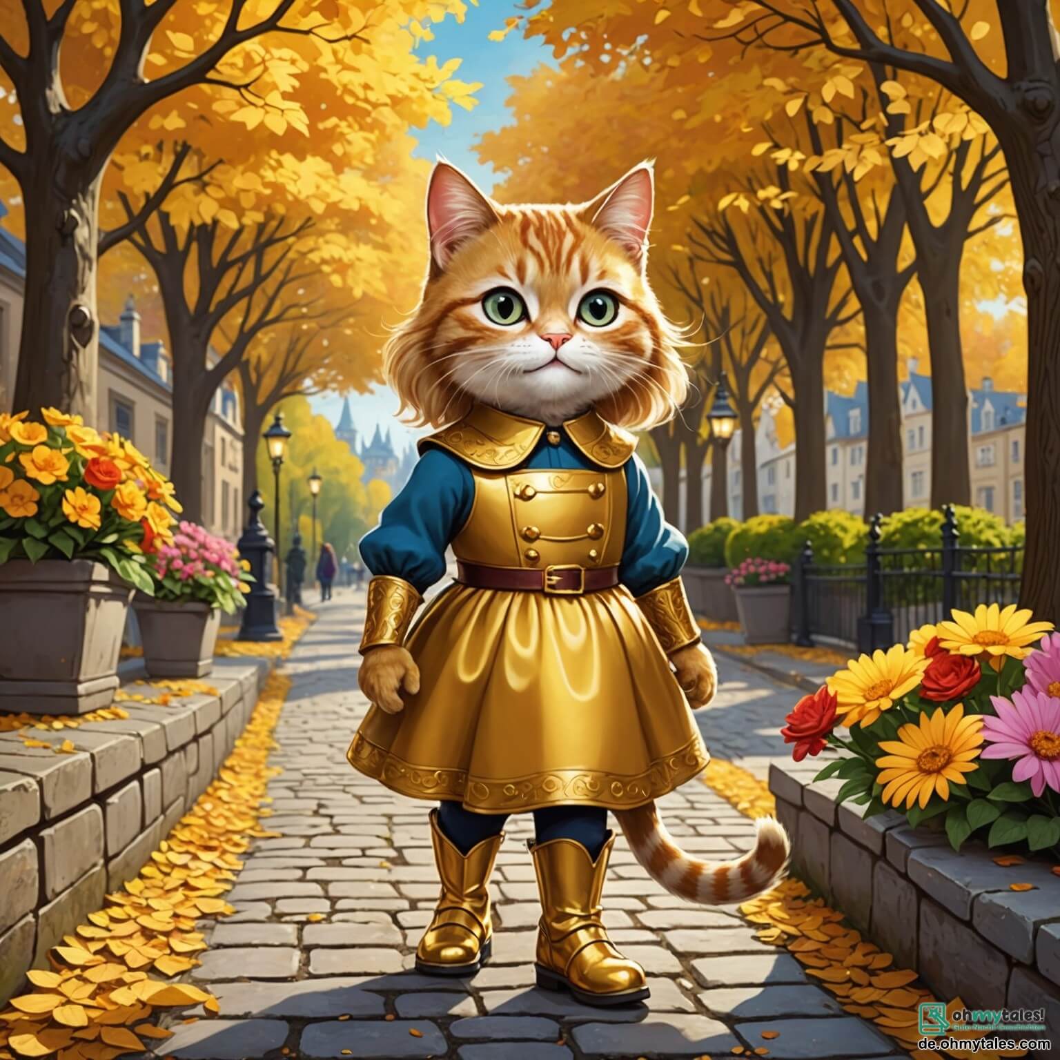 Une illustration destinée aux enfants représentant un chat élégant aux bottes brillantes, avec un sourire malicieux et des yeux pétillants d'intelligence, se tenant fièrement sur un chemin pavé de pierres scintillantes, bordé de fleurs colorées et de grands arbres aux feuilles dorées, tandis qu'il se prépare à aider une belle princesse aux cheveux dorés, vêtue d'une robe étincelante, à échapper aux griffes d'un ogre grincheux et imposant, qui se cache dans un château en ruines, entouré de brouillard mystérieux et de ronces enchevêtrées, où le soleil peine à percer les nuages sombres.