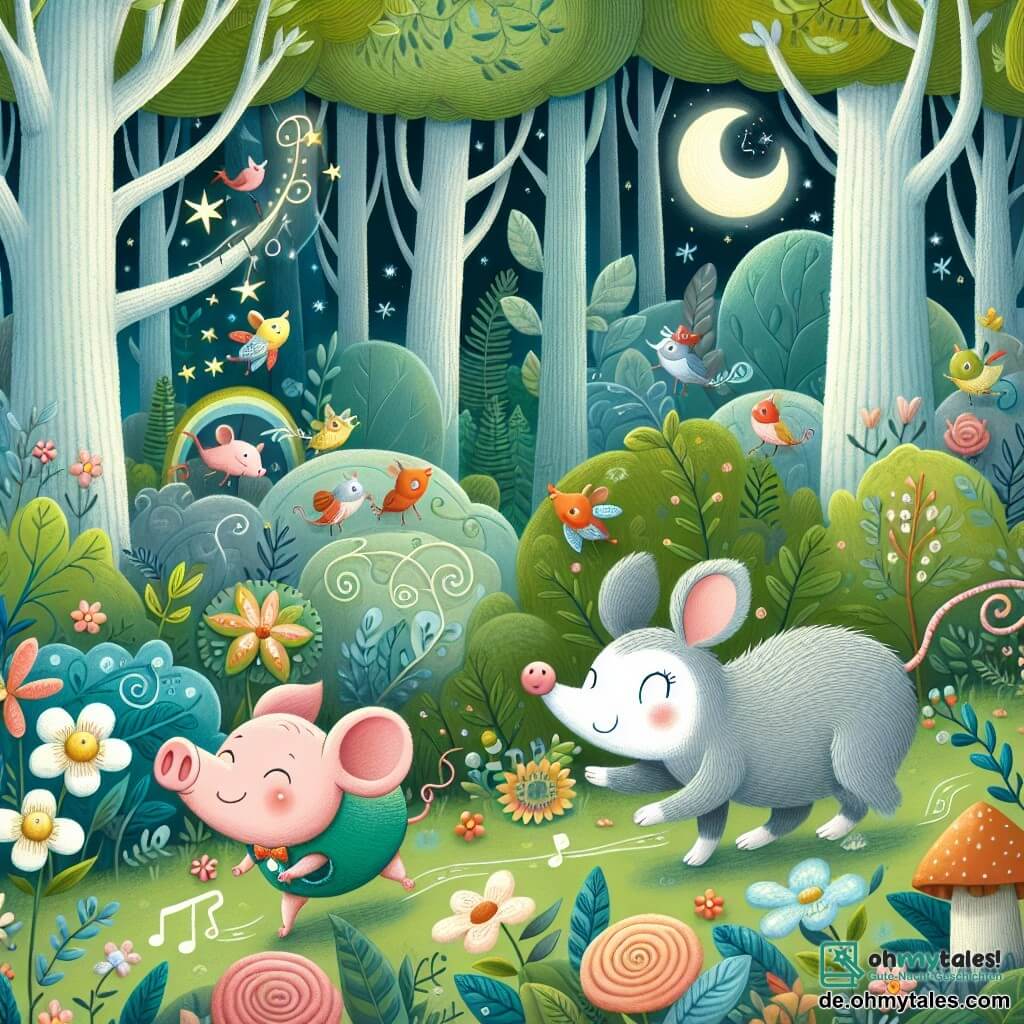 Une illustration destinée aux enfants représentant une souris malicieuse, un cochon curieux, et d'autres animaux joyeux explorant un mystérieux et coloré petit bois enchanté, où les arbres semblent chuchoter des secrets et les fleurs danser au rythme d'une mélodie magique.