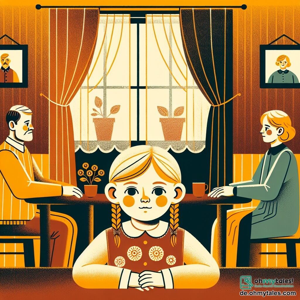 Une illustration destinée aux enfants représentant une petite fille aux cheveux blonds et aux zöpfen, ses parents assis autour d'une table avec des visages sérieux, dans un petit salon chaleureux avec des rideaux fleuris et des photos de famille accrochées au mur.