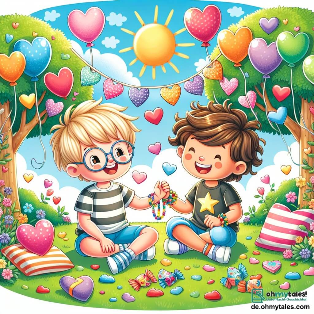 Eine Illustration zeigt eine fröhliche Szene in einem sonnigen Park, geschmückt mit Papierherzen, die an den Bäumen hängen, und bunten Ballons, die in der Luft schweben. In der Mitte sitzen zwei Jungen, einer mit braunen Haaren und Brille, in einem gestreiften T-Shirt und blauen Shorts, der andere mit zerzausten blonden Haaren, in einem T-Shirt mit Sternen und kurzen Hosen, auf dem grünen Gras. Sie lachen zusammen, umgeben von kleinen Papierherzen und bunten Süßigkeiten. Einer der Jungen hält ein großes, dekoriertes Papierherz, während der andere ein handgemachtes Armband zeigt, beide tauschen verschwörerische Lächeln aus. Im Hintergrund verleihen blühende Bäume und strahlende Blumen dieser Szene der Feier der Freundschaft und des Valentinstags einen Hauch von Magie.