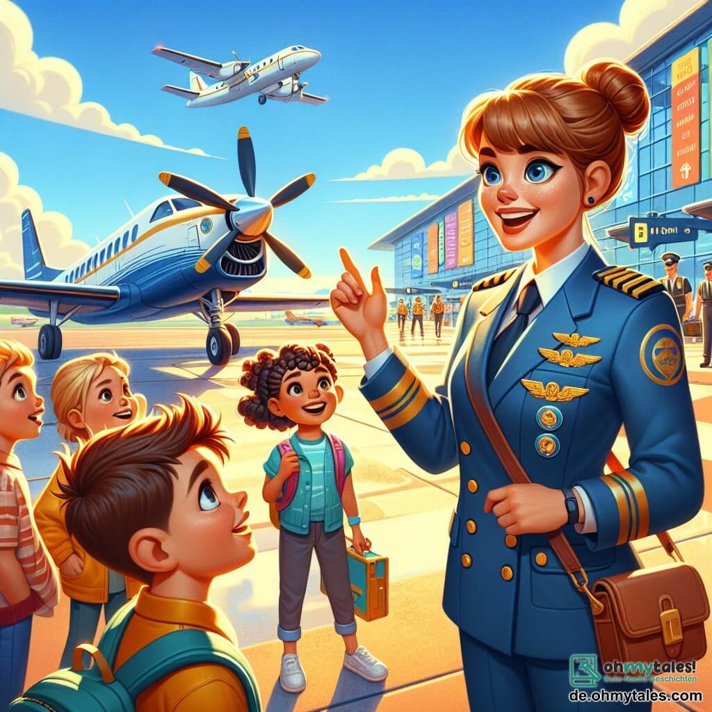 Illustration eines belebten Flughafens am frühen Morgen, mit einem hellblauen Himmel, der mit flauschigen weißen Wolken übersät ist. Im Vordergrund steht eine lächelnde Pilotin mit kastanienbraunen Haaren, die zu einem Dutt gebunden sind, in einem marineblauen Pilotenkombinat mit goldenen Abzeichen auf den Schultern. Sie steht neben ihrem eleganten Propellerflugzeug, das im Sonnenaufgang glänzt, und erklärt begeistert die Funktionsweise des Geräts einer Gruppe von kleinen Kindern. Unter den Nebenfiguren hört ein etwa 8-jähriger Junge mit zerzausten blonden Haaren aufmerksam zu, seine Augen sind vor Neugier weit aufgerissen. Neben ihm hebt ein 7-jähriges Mädchen mit braunen Zöpfen und strahlendem Lächeln die Hand, um eine Frage zu stellen, ungeduldig darauf, mehr über den Flug zu erfahren. Die Hauptsituation zeigt die Pilotin, die ihre Leidenschaft für die Luftfahrt mit den Kindern teilt, die von ihren Erklärungen gefesselt sind. Im Hintergrund sind weitere Flugzeuge zu sehen, die zum Abflug bereit sind, Bodenteams, die beschäftigt sind, und farbenfrohe Anzeigetafeln, die die Ziele anzeigen. Die Atmosphäre ist fröhlich und voller Energie und fängt die Aufregung des ersten Fluges der Kinder ein.