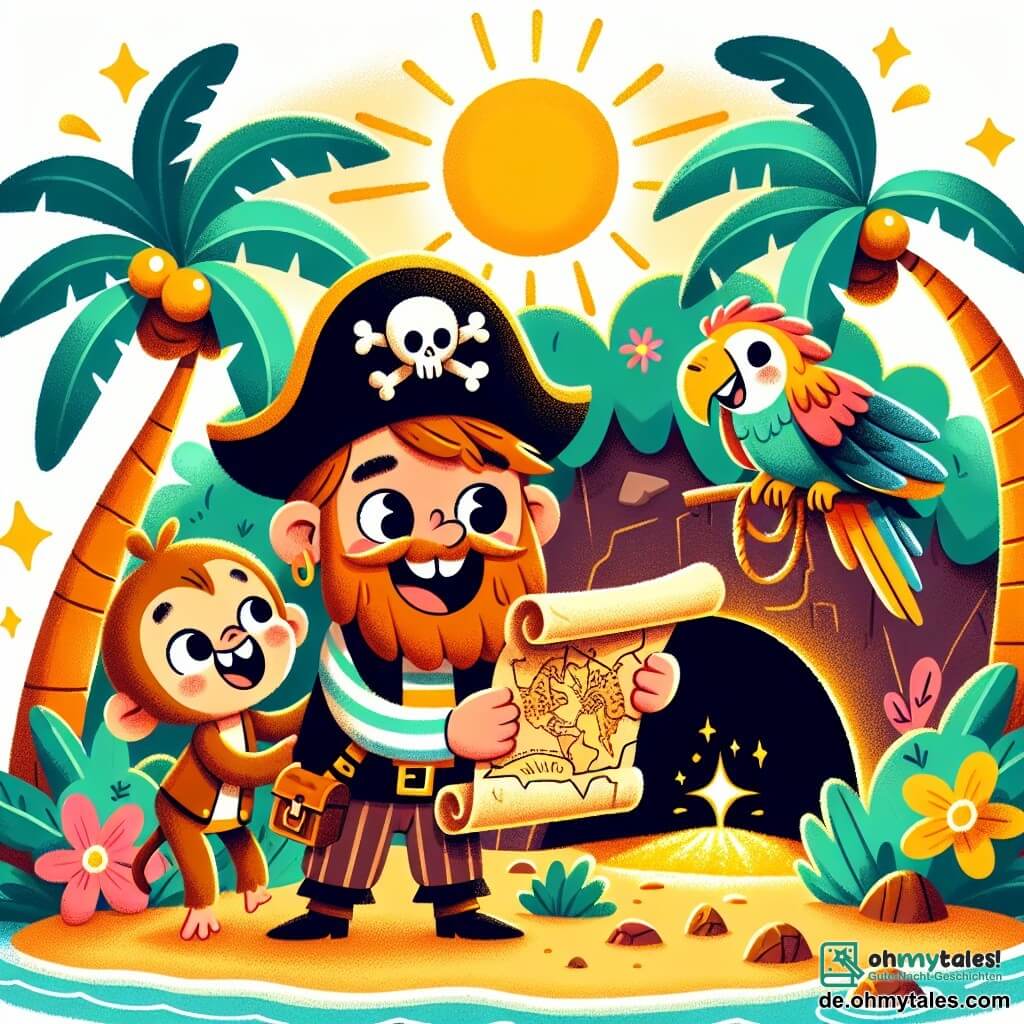 Une illustration sous forme de dessin destinée aux enfants représentant une île tropicale ensoleillée avec des palmiers et des fleurs colorées, où un homme pirate à la barbe rousse, portant un chapeau de pirate et un gilet rayé, tient une vieille carte au trésor avec un grand sourire, tandis qu'un petit singe espiègle au pelage brun clair grimpe sur une branche à côté de lui, et un joyeux perroquet aux plumes multicolores est perché sur son épaule, tous trois regardant avec excitation l'entrée d'une mystérieuse grotte où brille une lueur dorée, symbolisant leur quête pour trouver un trésor caché.