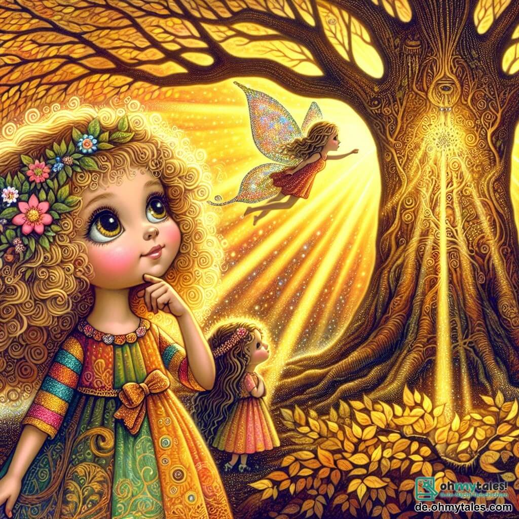 Une illustration sous forme de dessin destinée aux enfants représentant une forêt enchantée, avec de grands arbres aux feuilles dorées et des rayons de soleil filtrant à travers les branches, où une petite fille de 3 ans aux cheveux bouclés et aux yeux pétillants, portant une robe colorée, se tient émerveillée devant un immense arbre ancien, tandis qu'une délicate lumière féerique, incarnée par une petite fée aux ailes scintillantes, vole autour d'elle, créant une atmosphère magique et philosophique, symbolisant la quête de réponses et de sagesse dans la nature.