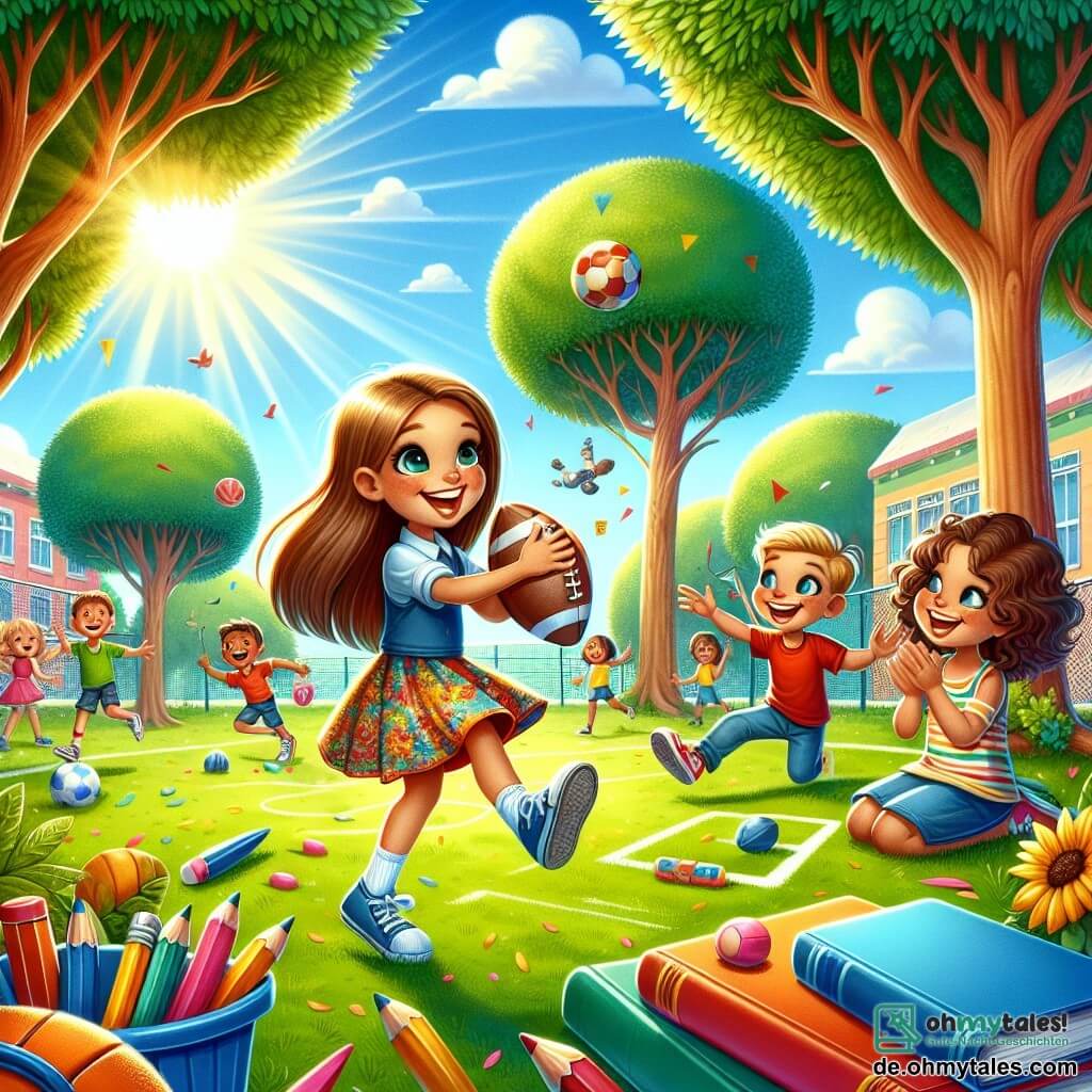 Eine Illustration zeigt eine lebhafte Szene auf einem sonnigen Schulhof, umgeben von großen Bäumen mit leuchtend grünen Blättern und bunten Spielgeräten. Im Zentrum steht ein 11-jähriges Mädchen mit langen braunen Haaren, das eine blaue Bluse und einen hübschen bunten Rock trägt und fröhlich lächelt, während es einen Fußball hält. Neben ihr stehen zwei Kinder: ein 10-jähriger Junge mit kurzen blonden Haaren, der ein rotes T-Shirt trägt und sich darauf vorbereitet, den Ball zu schießen, und ein 11-jähriges Mädchen mit lockigen Haaren in einem Blumenkleid, das applaudiere und das Spiel anfeuert. Die Szene fängt die Aufregung und Energie des ersten Schultages ein, während Klassenkameraden lachend und spielend unter einem klaren blauen Himmel zusammen sind, was eine Atmosphäre von Kameradschaft und Freude schafft. Bücher und Buntstifte liegen verstreut auf dem Boden und symbolisieren den Beginn eines neuen Schuljahres voller Abenteuer.