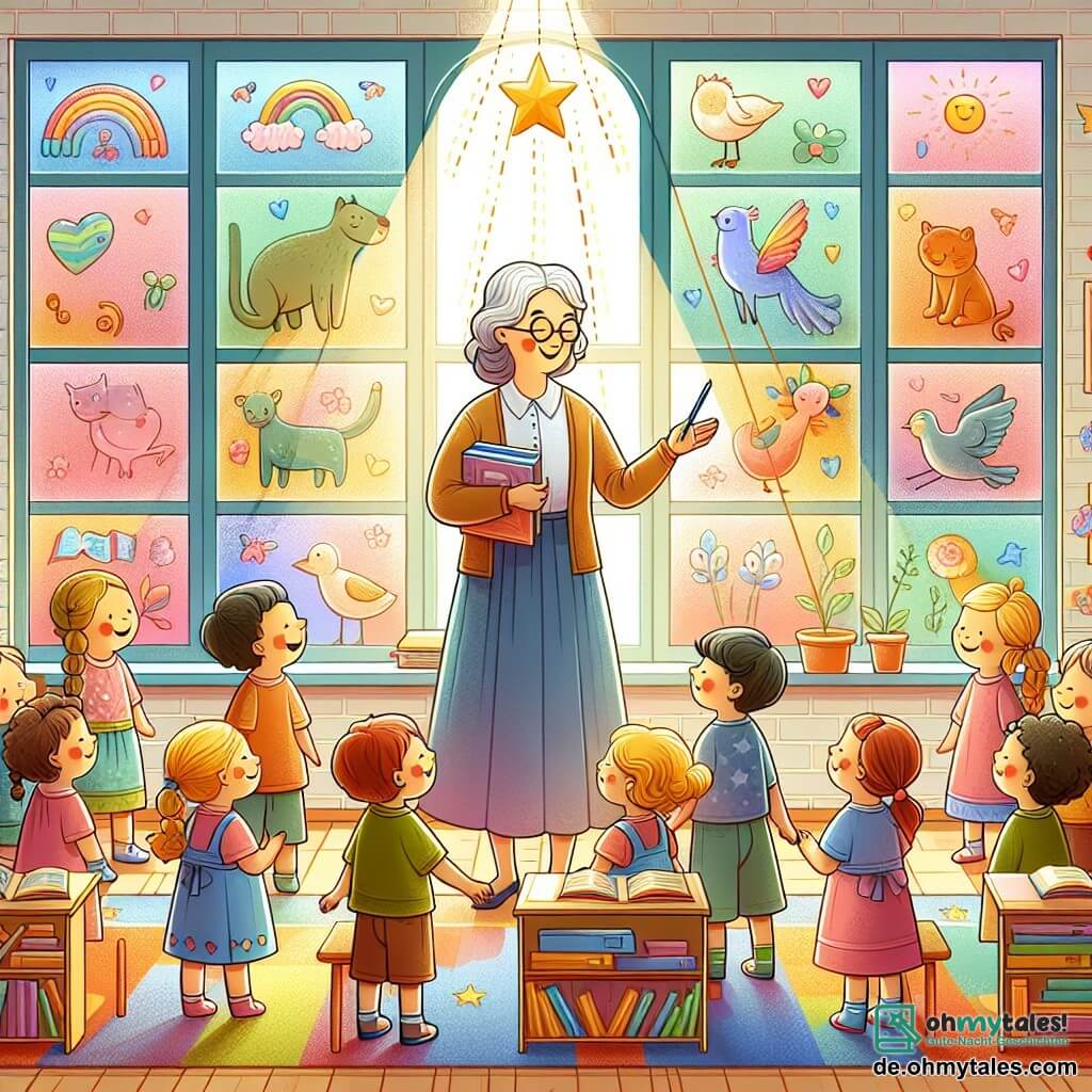 Une illustration destinée aux enfants représentant un instituteur bienveillant, entouré d'enfants joyeux, dans une salle de classe aux murs colorés et décorés de dessins d'animaux et de livres, éclairée par la lumière douce du soleil filtrant à travers de grandes fenêtres en forme d'étoiles.