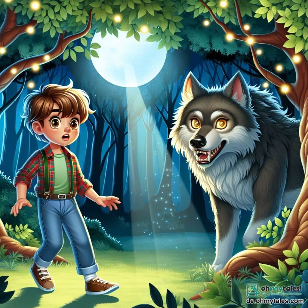 Une illustration sous forme de dessin destinée aux enfants représentant une forêt mystérieuse, aux arbres majestueux et aux feuilles scintillantes sous la lumière de la lune, où un garçon de 9 ans aux cheveux châtains et aux yeux pétillants, vêtu d'une chemise à carreaux et de jeans, se tient courageusement devant un grand loup aux yeux brillants, tandis qu'un jeune garçon aux cheveux blonds et à l'air inquiet observe la scène depuis l'ombre d'un arbre, illustrant le moment où le garçon fait face à la créature pour découvrir les secrets du mystérieux bois.