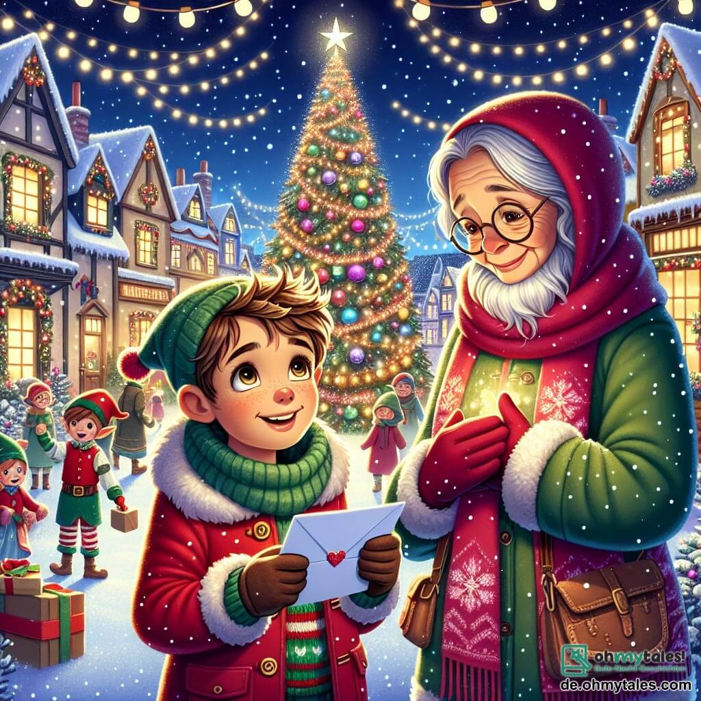 Illustration einer magischen Szene in einem Weihnachtsdorf. Das Dorf ist von funkelnden Lichtern erleuchtet, mit bunten Häusern mit schneebedeckten Dächern und einem großen, geschmückten Weihnachtsbaum in der Mitte des Platzes. Ein 11-jähriger Junge mit zerzausten braunen Haaren und funkelnden Augen steht in der Mitte der Szene und hält einen wertvollen Brief in seinen Händen. Er trägt einen leuchtend roten Mantel, einen Wollschal und Handschuhe, sein Gesicht strahlt vor Aufregung und Entschlossenheit. An seiner Seite lächelt eine etwa 85-jährige Frau mit silbernem Haar und runden Brillen warmherzig, ihre Hände auf ihrem Bauch, als ob sie ein Geheimnis teilt. Die Hauptsituation zeigt den Jungen, der bereit ist, einen Brief an den großen Weihnachtsbaum zu übergeben, umgeben von sanft fallenden Schneeflocken, während fröhliche Elfen geschäftig umherlaufen und Spielzeug und Dekorationen bringen. Funkelnde Sterne erhellen den Nachthimmel und verleihen dieser festlichen Szene einen Hauch von Magie.
