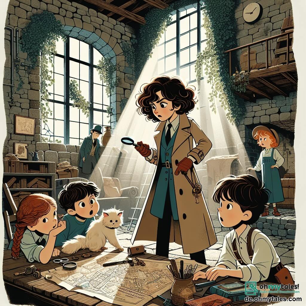 Une illustration sous forme de dessin destinée aux enfants représentant l'intérieur d'une vieille et mystérieuse mühle, avec des murs en pierre recouverts de lierre et des rayons de lumière filtrant à travers des fenêtres brisées, où une femme détective aux cheveux châtains et bouclés, portant un trench-coat et tenant une loupe, examine attentivement une vieille carte posée sur une table poussiéreuse, tandis qu'un garçon aux cheveux ébouriffés et aux yeux brillants, ainsi qu'une petite fille aux tresses et au sourire curieux, l'observent avec fascination, tous trois cherchant à résoudre le mystère de la disparition d'un chat nommé Momo, entourés de vieux livres et d'objets cachés, créant une atmosphère d'aventure et de découverte.
