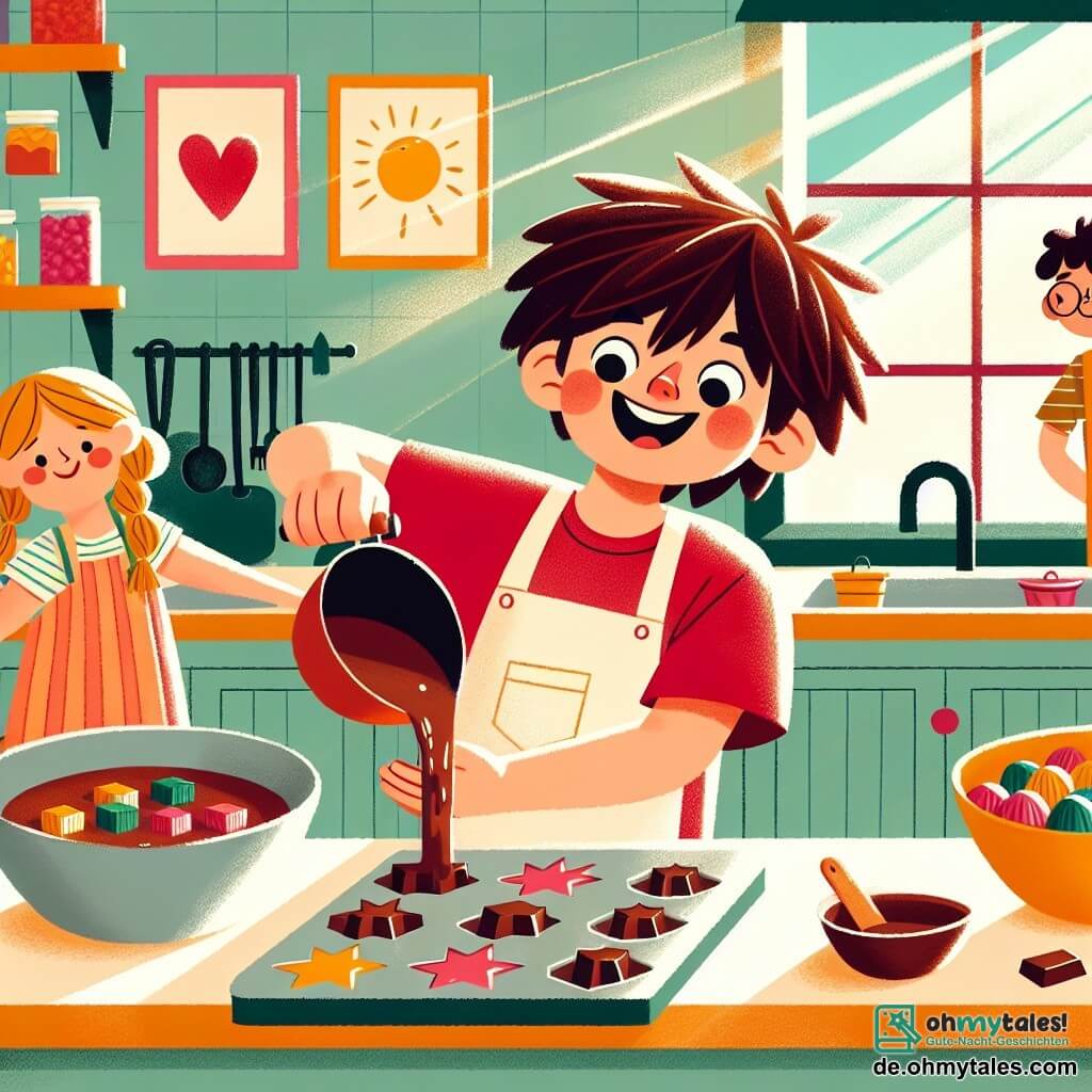 Une illustration sous forme de dessin destinée aux enfants représentant une cuisine ensoleillée avec des murs colorés, où un garçon de 4 ans aux cheveux bruns en bataille et portant un t-shirt rouge s'active joyeusement à verser de la délicieuse chocolat fondue dans des formes en silicone, tandis qu'une fille aux cheveux blonds tressés et un garçon aux lunettes rondes, tous deux âgés de 4 ans, l'observent avec des yeux brillants d'excitation, entourés de bols de bonbons colorés et d'ustensiles de cuisine, illustrant le moment amusant où ils préparent ensemble des chocolats en forme d'étoiles et de cœurs.