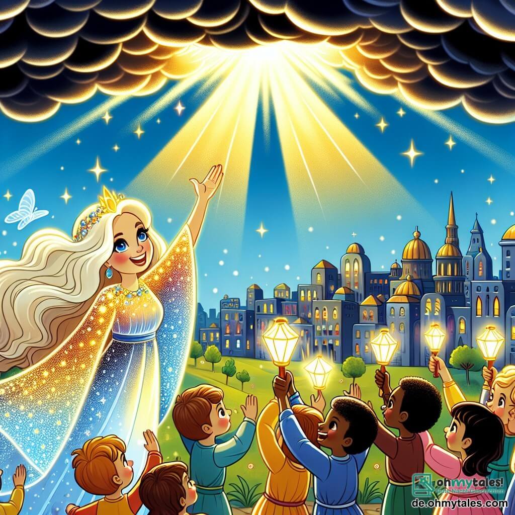 Une illustration sous forme de dessin destinée aux enfants représentant une ville colorée et animée sous un ciel bleu, où une femme aux longs cheveux scintillants et au sourire radieux, vêtue d'un cape lumineuse, projette un puissant rayon de lumière dorée vers une immense et sombre nuage menaçant, tandis que des enfants aux cheveux bruns et blonds, portant des vêtements colorés, brandissent des lanternes brillantes et des miroirs pour refléter la lumière, tous unis dans un effort joyeux pour chasser l'obscurité et ramener la joie dans leur ville.