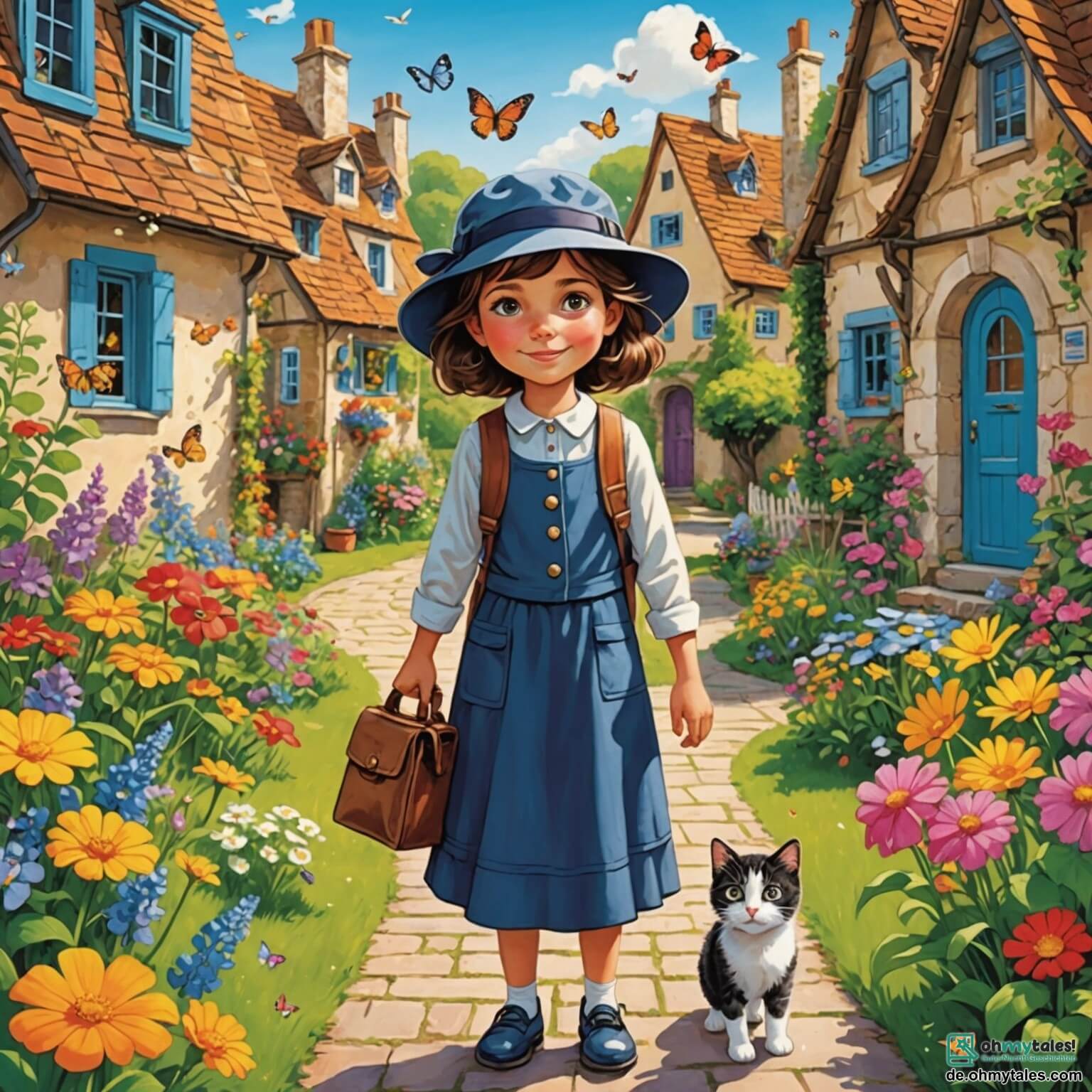 Une illustration destinée aux enfants représentant une jeune fille aux yeux pétillants et à la casquette de détective, se tenant fièrement dans un jardin coloré rempli de fleurs éclatantes et de papillons virevoltants, tandis qu'elle résout le mystère de la disparition d'une adorable petite chatte au pelage noir et blanc, aidée par une gentille vieille dame au sourire chaleureux, le tout se déroulant dans un charmant village bordé de maisons aux volets colorés et d'arbres majestueux, où l'air est empli du doux parfum des roses.