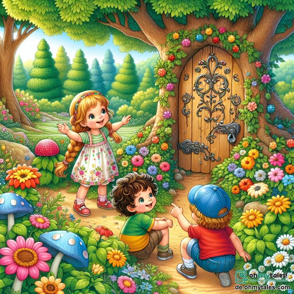Eine Illustration zeigt einen geheimen, bezaubernden Garten, gefüllt mit bunten Blumen und leuchtenden Blütenblättern, großen Bäumen mit üppigem Laub und einem kleinen, gewundenen Erdweg, der durch die Landschaft führt. In der Mitte steht eine kleine Holztür, verziert mit zarten Mustern, die leicht geöffnet ist und einen magischen Ort erahnen lässt. Vier Kinder, zwei Mädchen und zwei Jungen, erkunden diesen Garten. Das erste Mädchen, vier Jahre alt, hat lange, geflochtene blonde Haare und trägt ein rosa Kleid mit Blumenmustern. Sie schaut staunend auf die geheime Tür. Das zweite Mädchen, ebenfalls vier Jahre alt, hat lockige braune Haare und trägt ein gelbes T-Shirt mit einer Jeansshorts. Sie lächelt fröhlich und zeigt auf eine bunte Blume. Der erste Junge, vier Jahre alt, hat kastanienbraune Haare und trägt eine blaue Mütze sowie ein grünes T-Shirt. Er hockt und untersucht einen kleinen, glänzenden Stein auf dem Boden. Der zweite Junge, ebenfalls vier Jahre alt, hat schwarze Haare und trägt ein rotes T-Shirt. Er steht mit ausgebreiteten Armen da, als wäre er bereit, in das Abenteuer zu fliegen. Die Szene fängt die Aufregung und das Staunen der kleinen Abenteurer ein, während sie den geheimen Garten entdecken, umgeben von der Schönheit der Natur und dem Geist des Abenteuers. Bunte Schmetterlinge fliegen um sie herum und verleihen der Illustration einen Hauch von Magie.