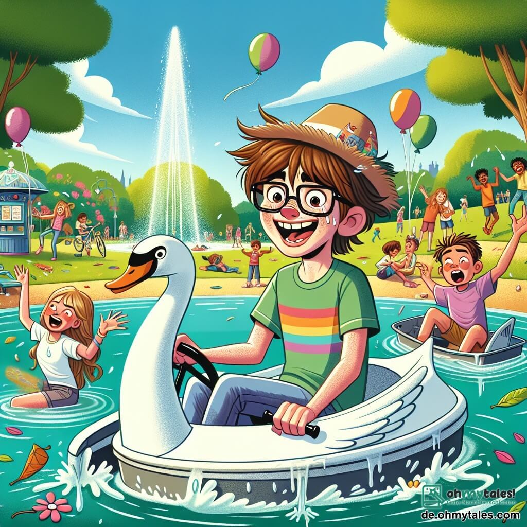 Eine Illustration zeigt einen lebhaften Park im Hochsommer mit grünen Bäumen, bunten Blumen und einem großen glitzernden See in der Mitte. Im Vordergrund sitzt ein 11-jähriger Junge mit zerzausten braunen Haaren und schiefen Brillen, der breit lächelt und begeistert auf einem großen Tretboot in Form eines Schwans tritt. An seiner Seite sind zwei Freunde: ein 10-jähriges Mädchen mit langen, lockigen Haaren, das ein buntes T-Shirt trägt und lachend eine handgezeichnete Karte hält, und ein 11-jähriger Junge mit einem Strohhut, der übertrieben gestikuliert und lacht. Im Hintergrund taucht ein weiterer 11-jähriger Junge, nass und lachend, aus dem Wasser auf, nachdem er von seinem eigenen Tretboot gefallen ist, während Kinder am Ufer spielen und eine fröhliche, lebendige Atmosphäre schaffen. Luftballons schweben in der Luft und Essensstände verleihen der Szene Farbtupfer.