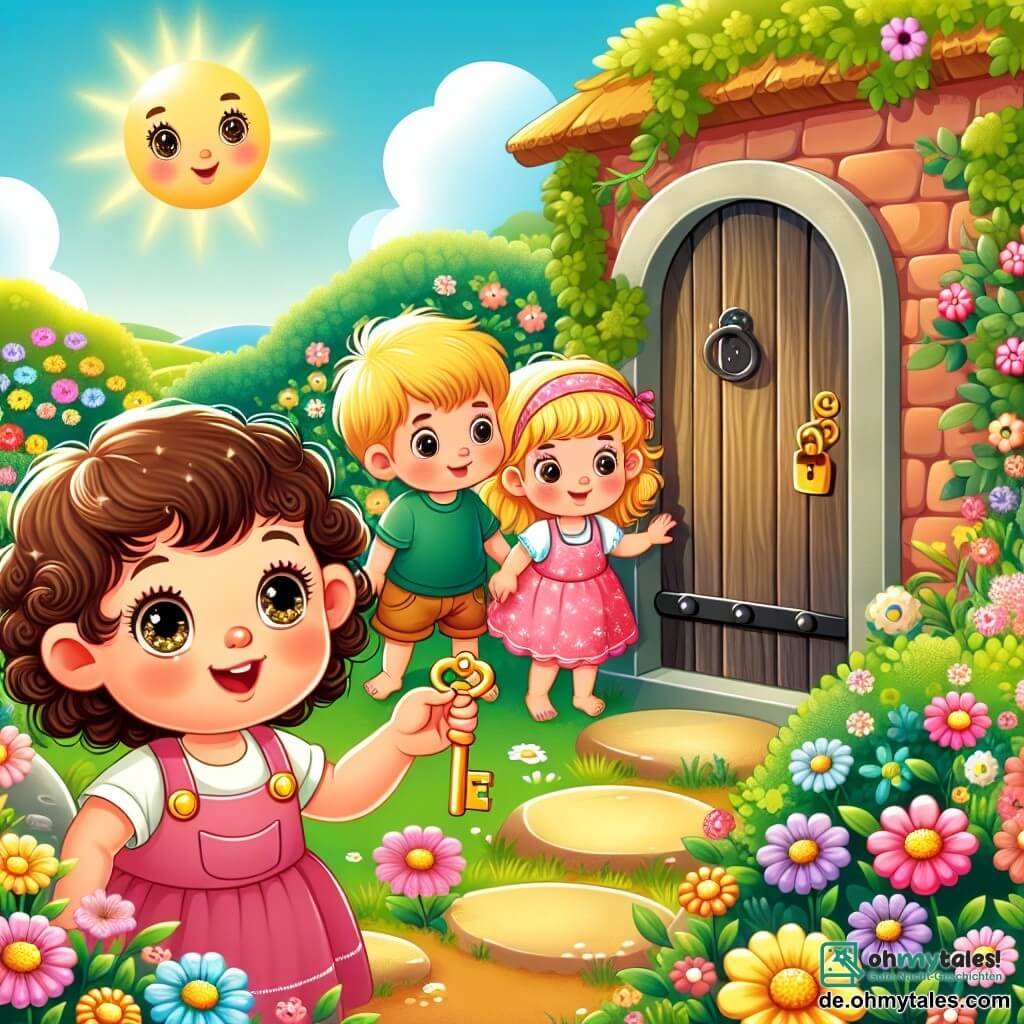 Une illustration sous forme de dessin destinée aux enfants représentant un jardin ensoleillé rempli de fleurs colorées, où une petite fille de 1 an aux cheveux bouclés et aux yeux pétillants, vêtue d'une robe rose, tient un petit clé brillante dans sa main, tandis qu'un garçon de 2 ans aux cheveux blonds et une petite fille de 3 ans aux cheveux bruns, tous deux souriants, l'observent avec curiosité alors qu'ils se tiennent près d'une vieille porte en bois, symbolisant leur quête pour découvrir le mystère du trésor caché.